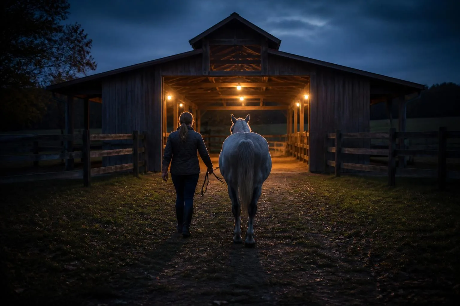 Une cavalière de dos rentre un cheval gris dans une grange éclairée à la tombée de la nuit, en automne
