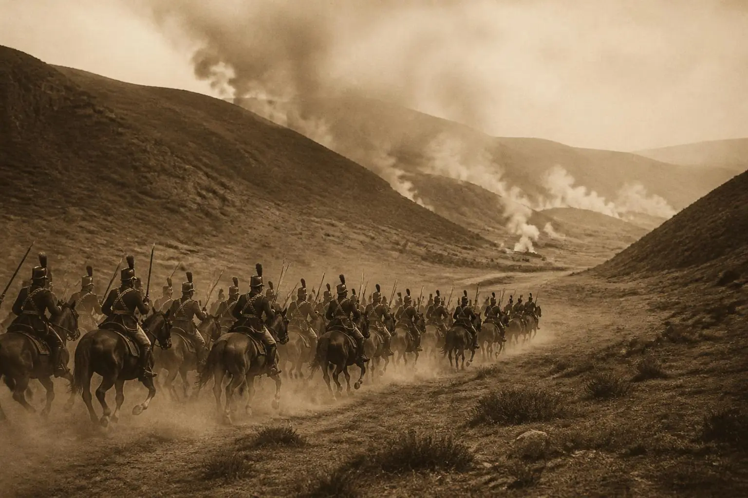 Ligne de cavaliers hussards et lanciers au galop dans une vallée enfumée vers des canons lointains, sépia