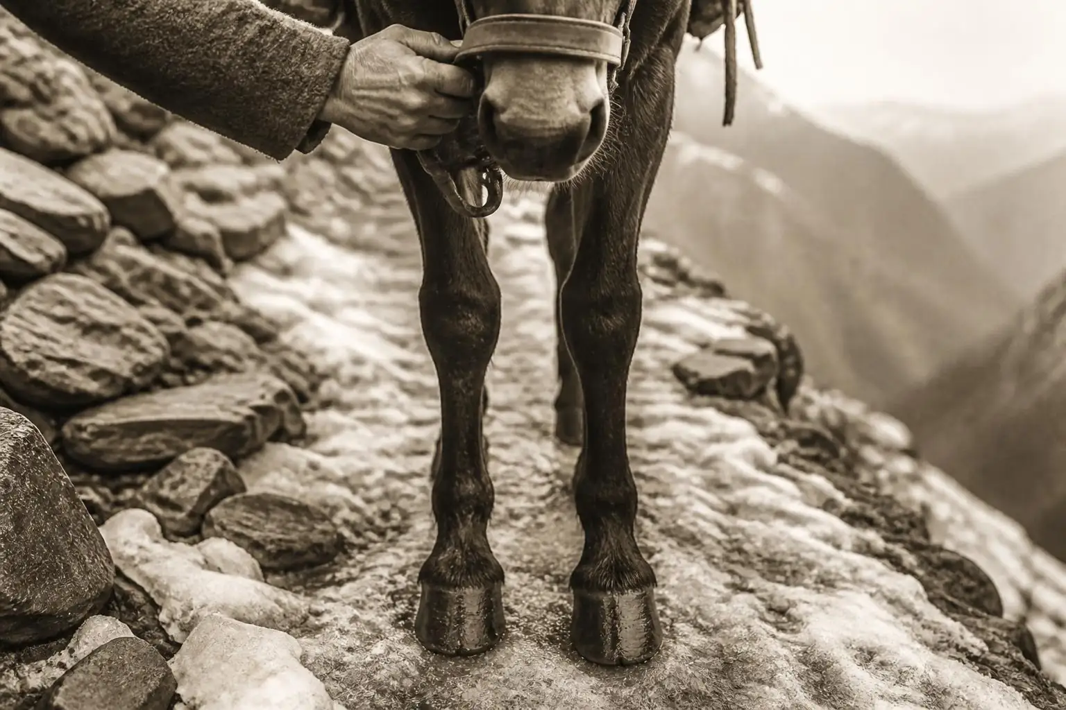 Antérieurs d'une mule brune sur un sentier de pierre verglacé, la main d'un guide tenant la bride, vallée en contrebas