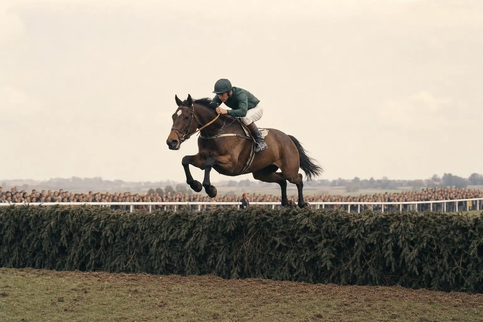 Cheval bai et son jockey en casaque verte en plein saut au-dessus d'une haute haie de sapin, foule derrière la lice