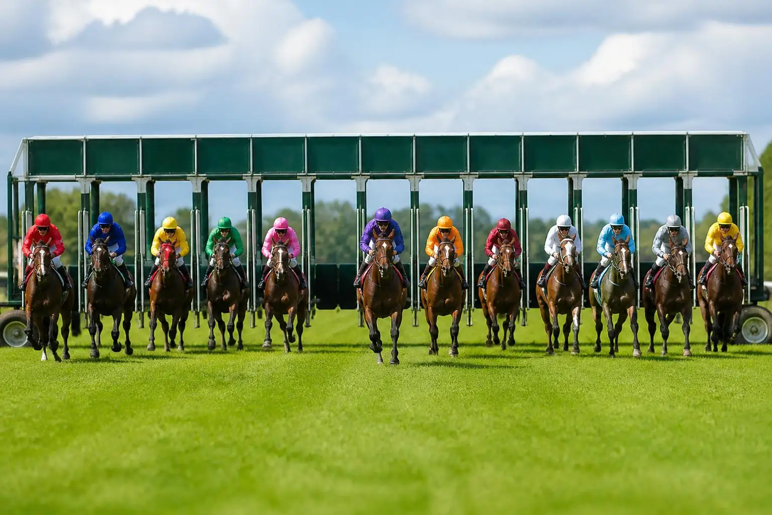 Douze chevaux de course et leurs jockeys en casaques colorées jaillissent des stalles de départ sur une piste en herbe