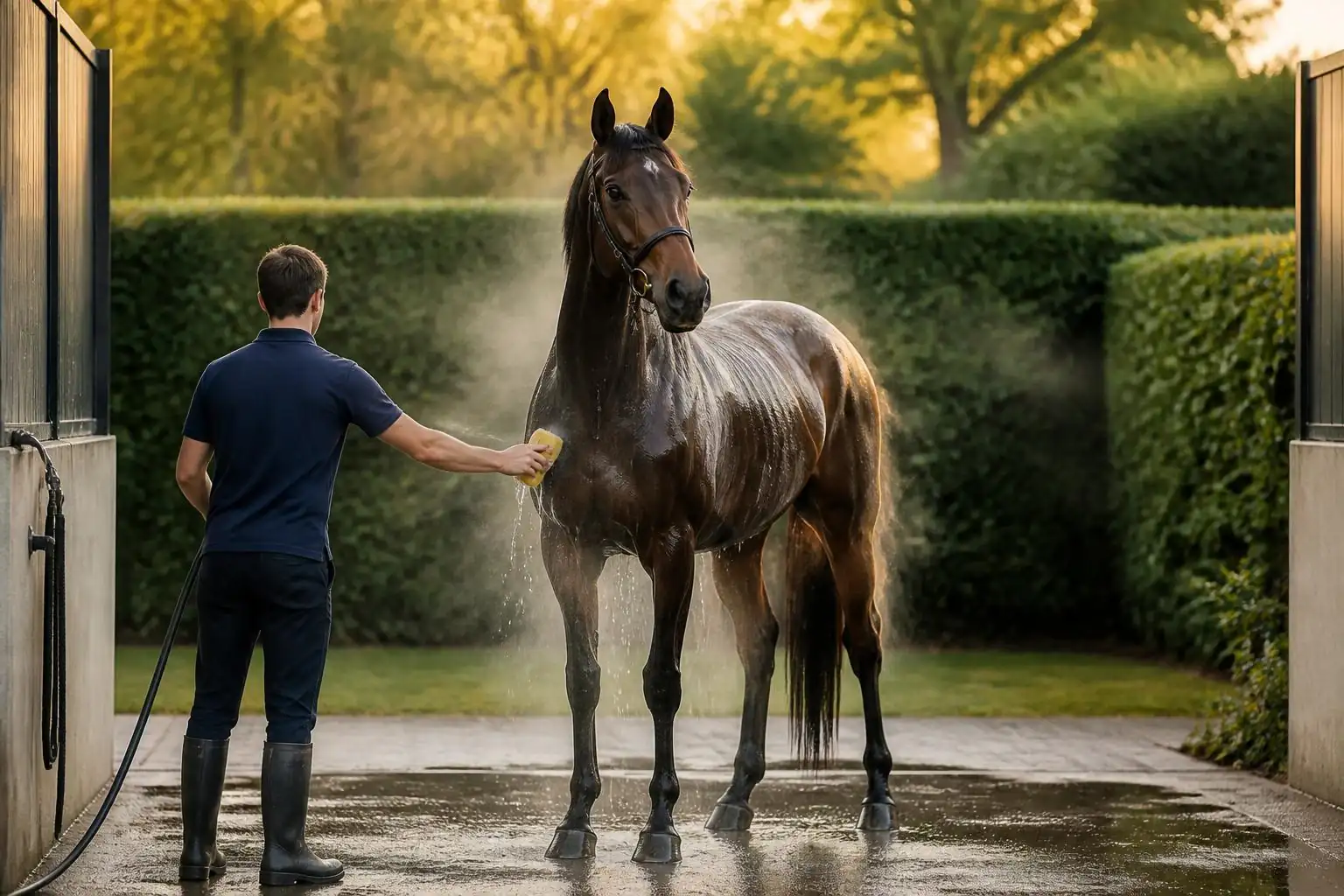 Un lad en polo bleu marine douche au jet et à l'éponge un pur-sang bai fumant dans une aire de lavage d'hippodrome