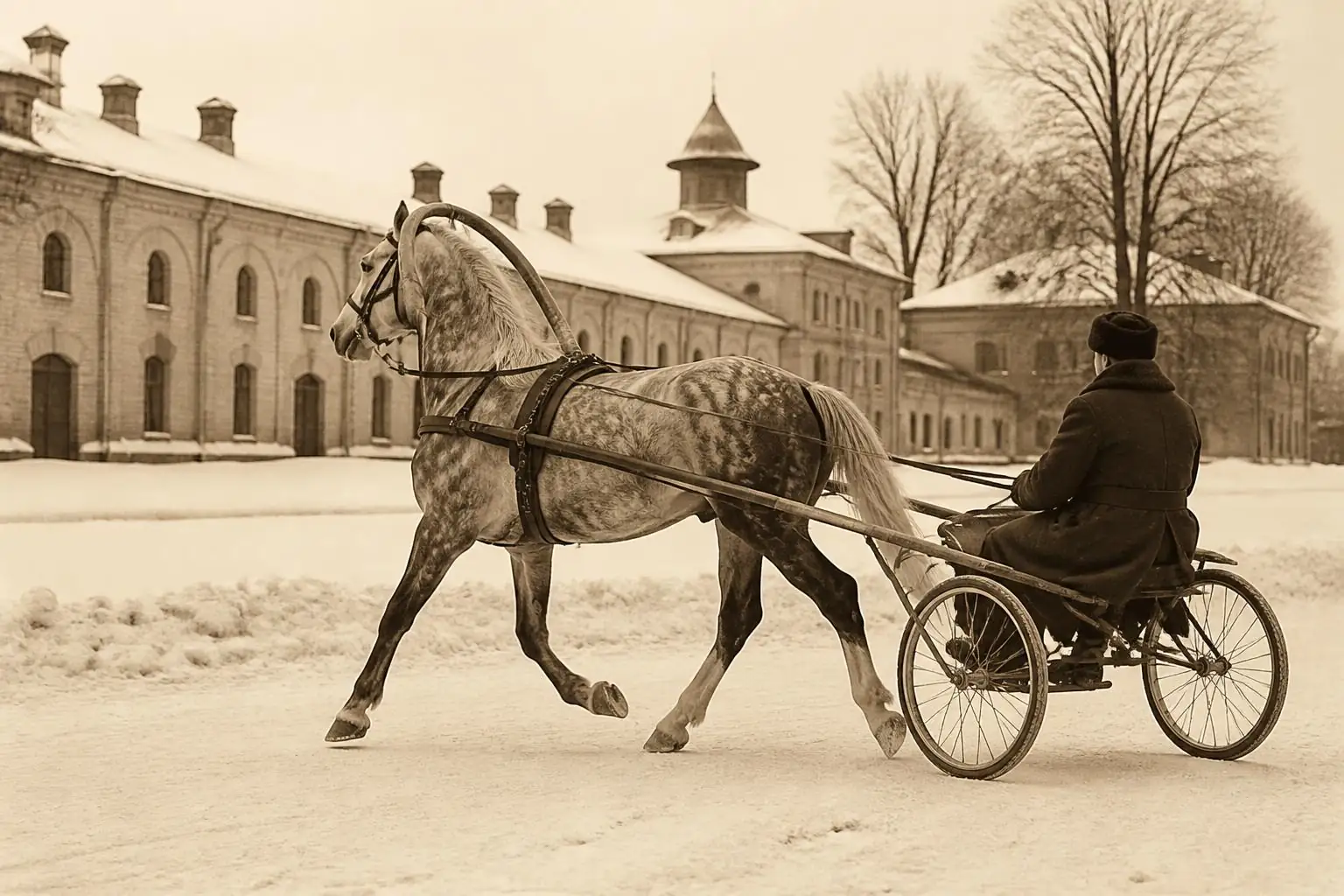 Un trotteur gris pommelé attelé à un sulky, sous un arc de harnais russe, trotte sur la neige devant des écuries de brique