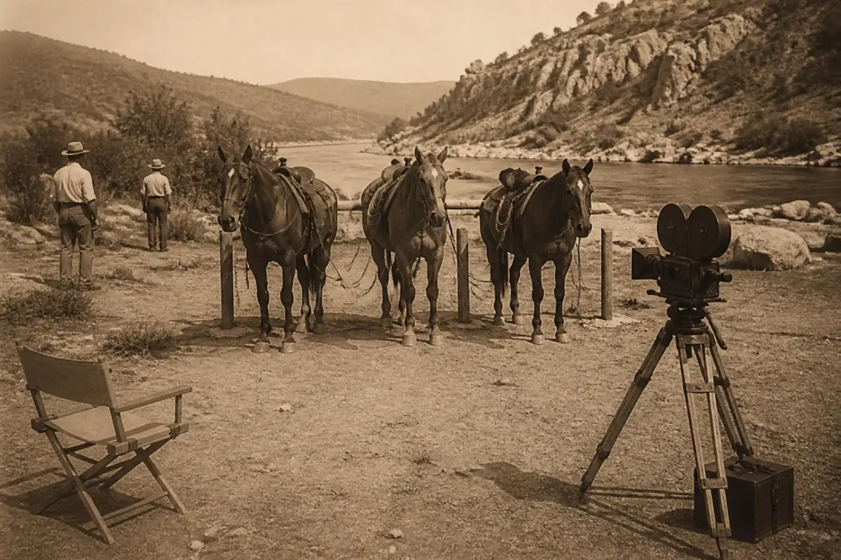 Photo sépia d'un tournage de western : trois chevaux sellés près d'une rivière, une caméra ancienne sur trépied