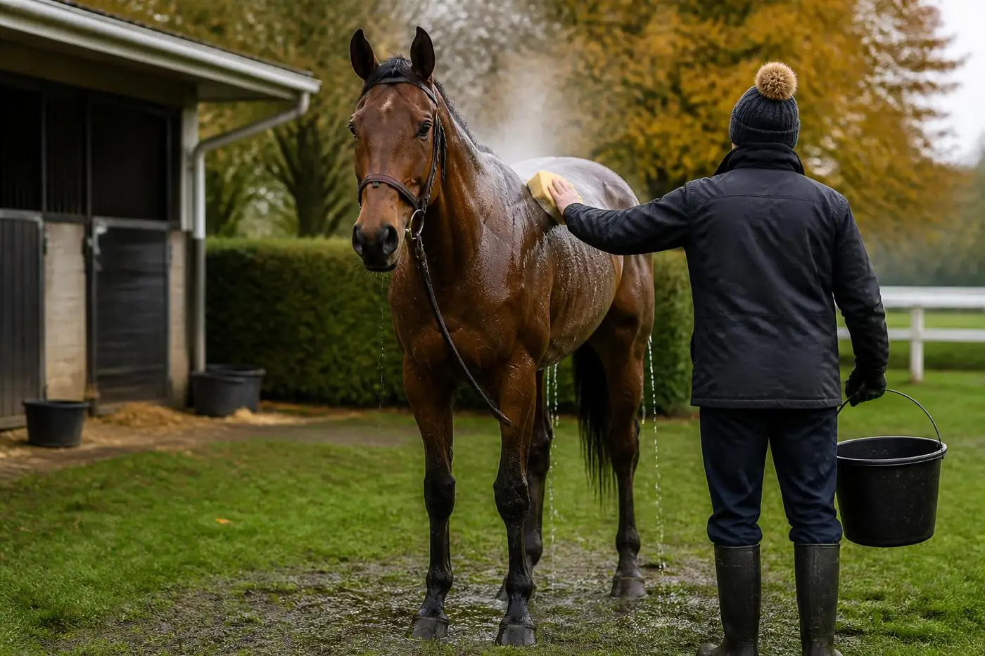 Cheval bai couvert de sueur douché à l'éponge par un palefrenier après une longue course, vapeur sur le dos