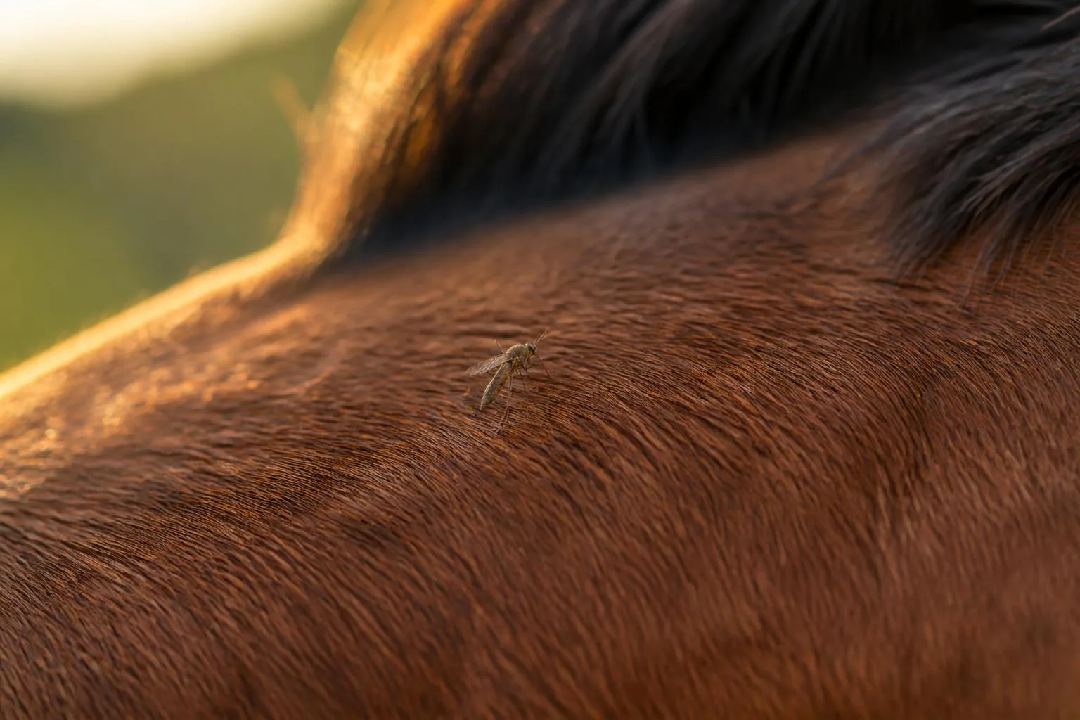 Un petit moustique brun posé sur le poil luisant de l'encolure d'un cheval bai, crinière floue en arrière-plan