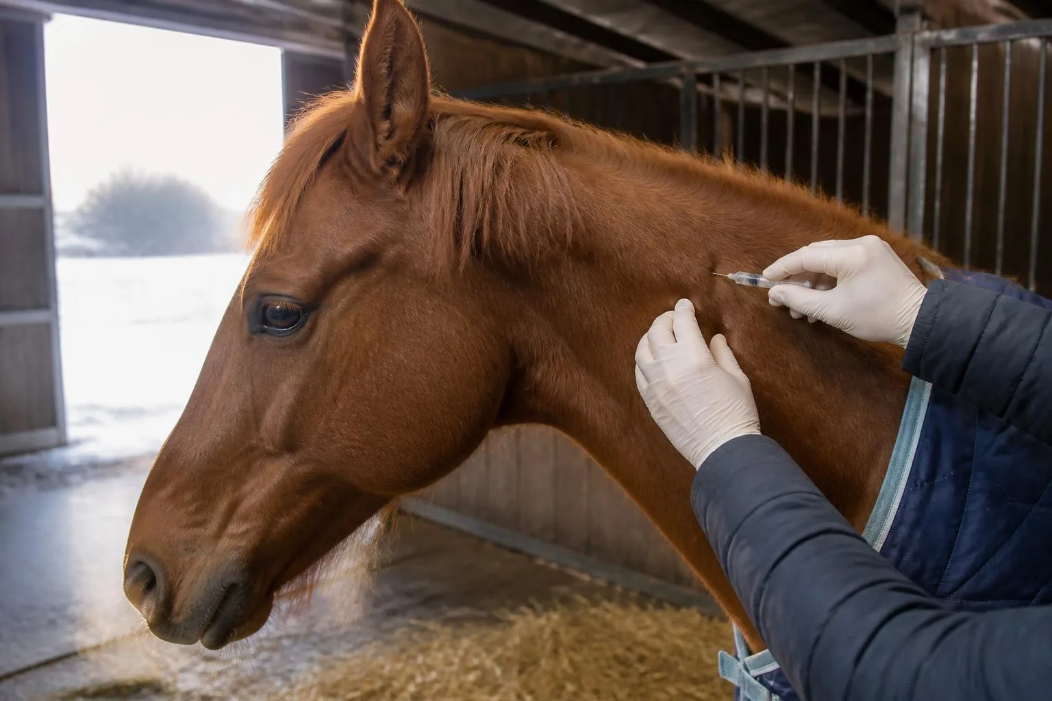 Des mains gantées font une injection dans l'encolure d'un cheval alezan couvert, dans une écurie en hiver