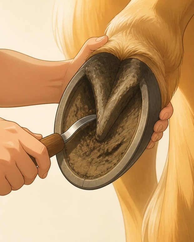 Gros plan sur les mains d'une enfant qui cure le pied d'un poney palomino