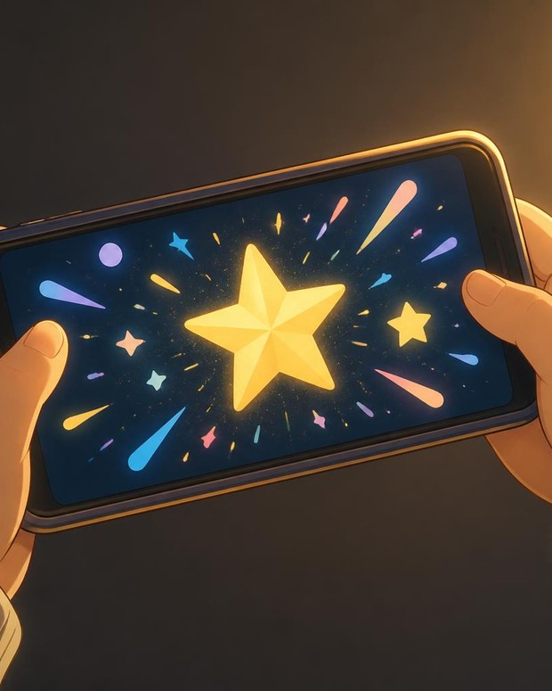 Deux mains d'enfant tenant un téléphone où s'affiche une étoile dorée
