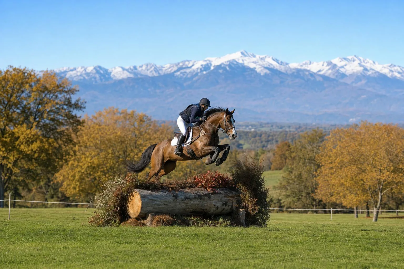 Un cheval bai et son cavalier franchissent un tronc garni de branchages sur un cross d'automne, Pyrénées enneigées au fond