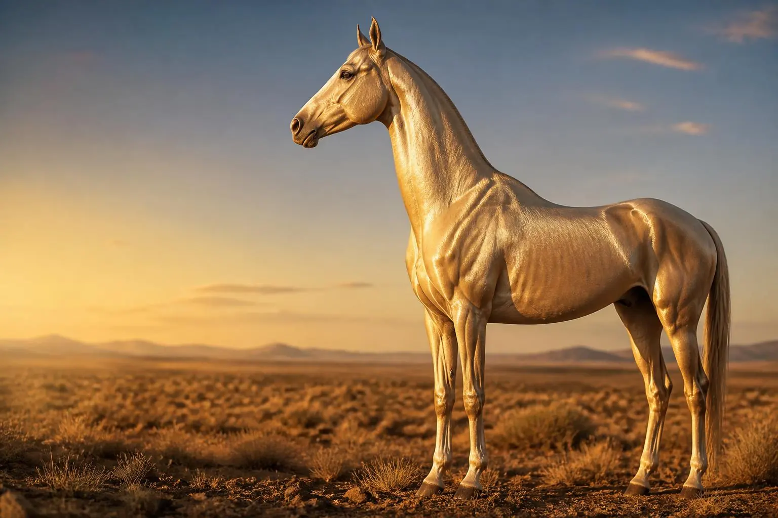A golden Akhal-Teke horse with a shimmering metallic coat standing in sunlight
