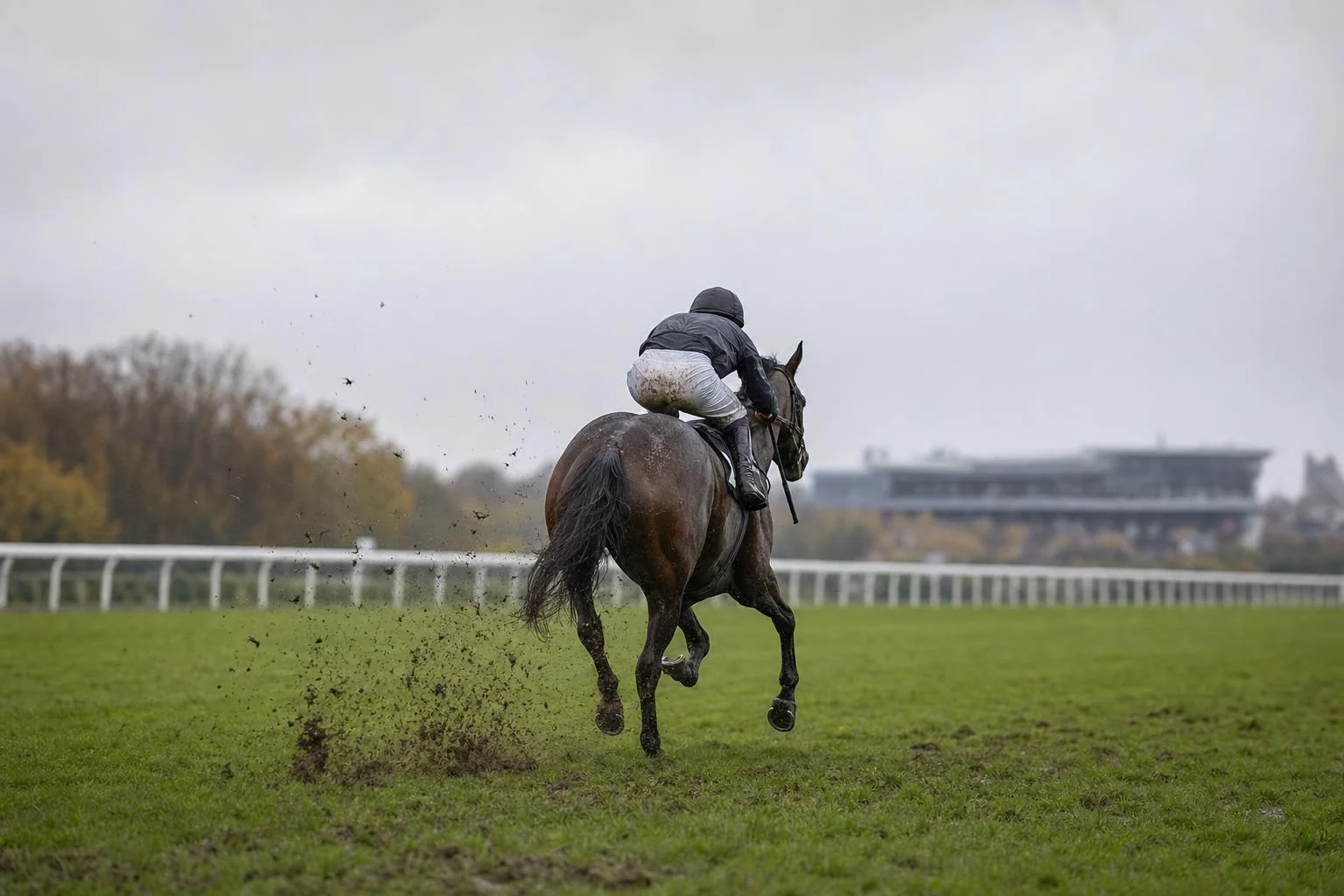 Cheval de course bai au galop sur une pelouse détrempée, mottes de terre projetées derrière les sabots