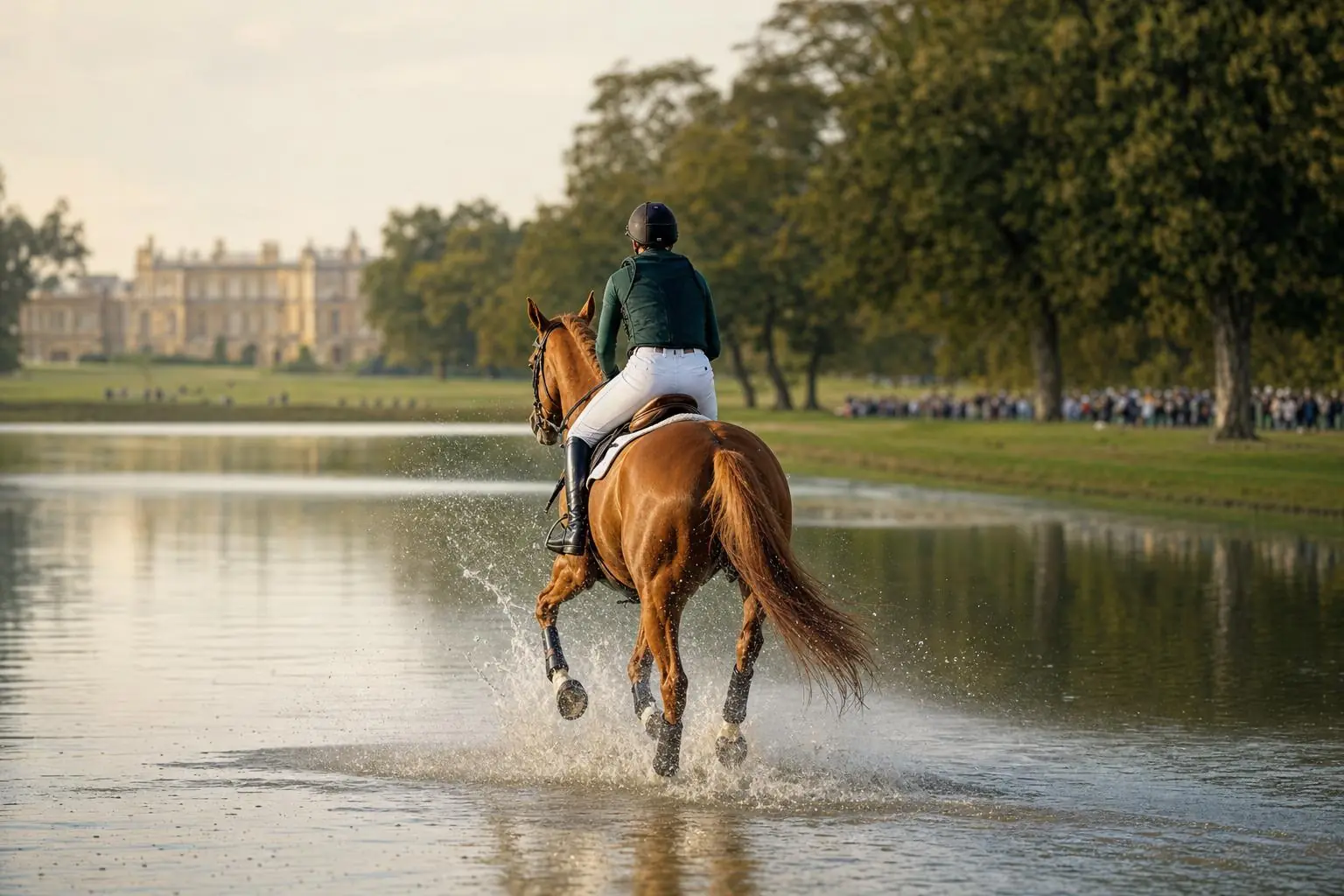 Cheval alezan à liste blanche galopant hors d'un lac sur un cross, cavalier de dos, palais anglais flou en arrière-plan