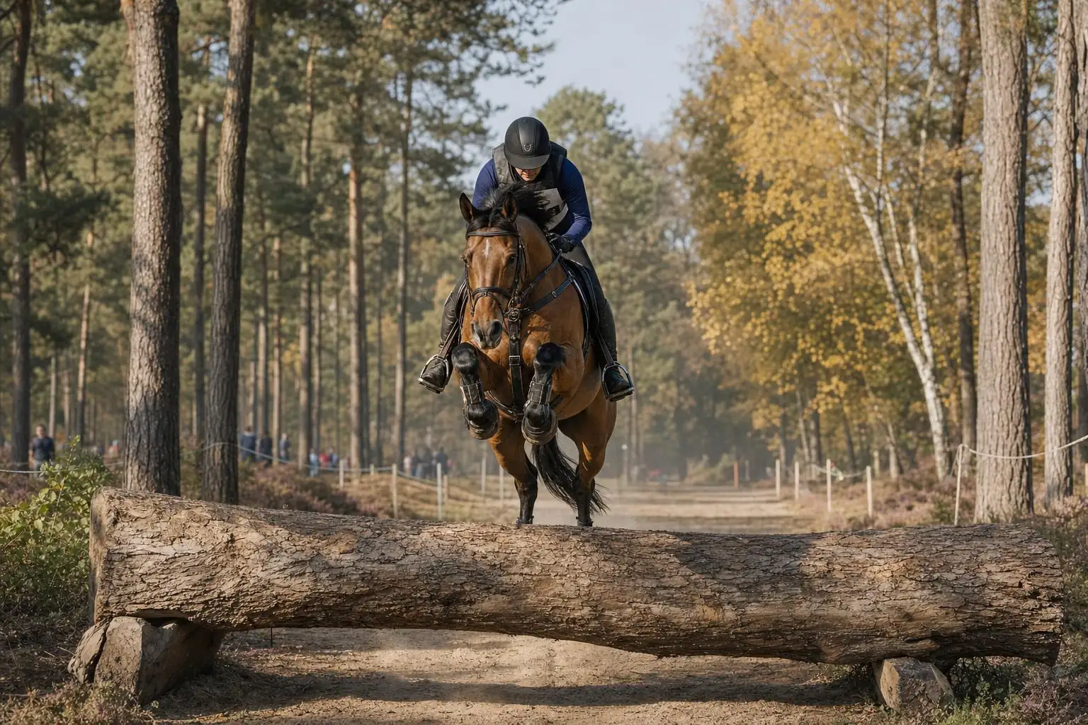 Cheval bai de concours complet en plein saut d'un gros tronc d'arbre, sur un cross en forêt d'automne