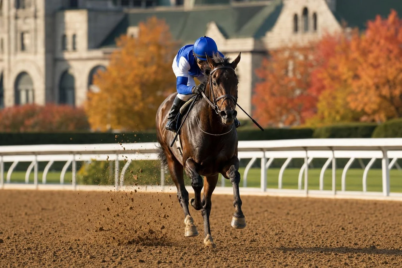 Pur-sang bai au galop sur une piste en sable, jockey en casaque bleue et blanche, tribune en pierre et arbres d'automne
