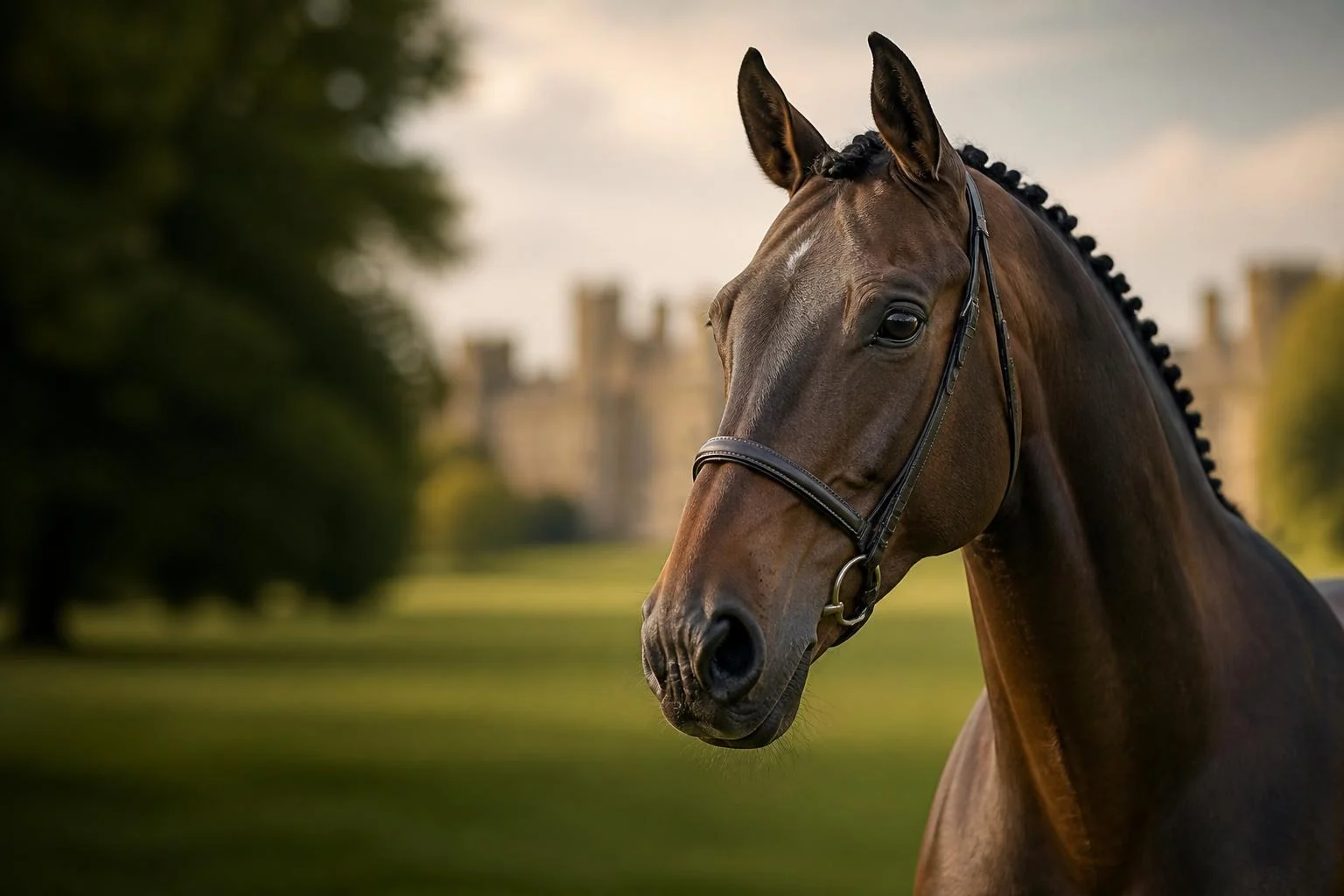 Cheval de concours complet bai a la criniere nattee, en bridon de cuir, dans un parc anglais