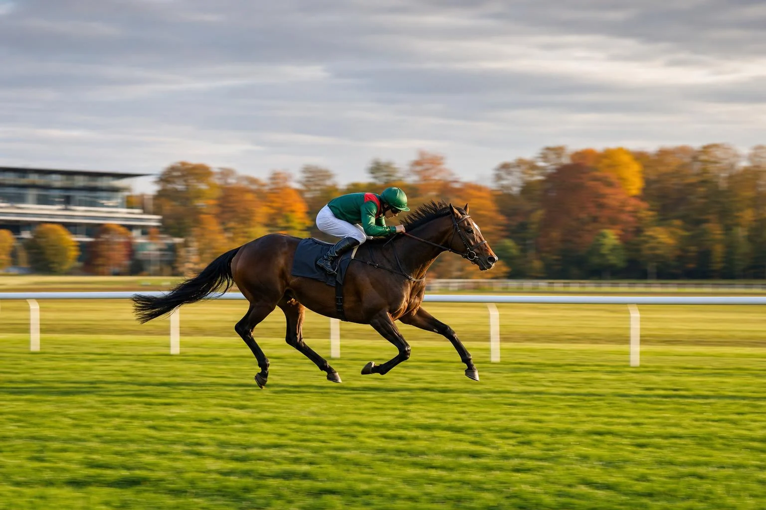 Un cheval de course bai brun au grand galop sur le gazon, jockey en casaque verte à épaulettes rouges, arbres d'automne