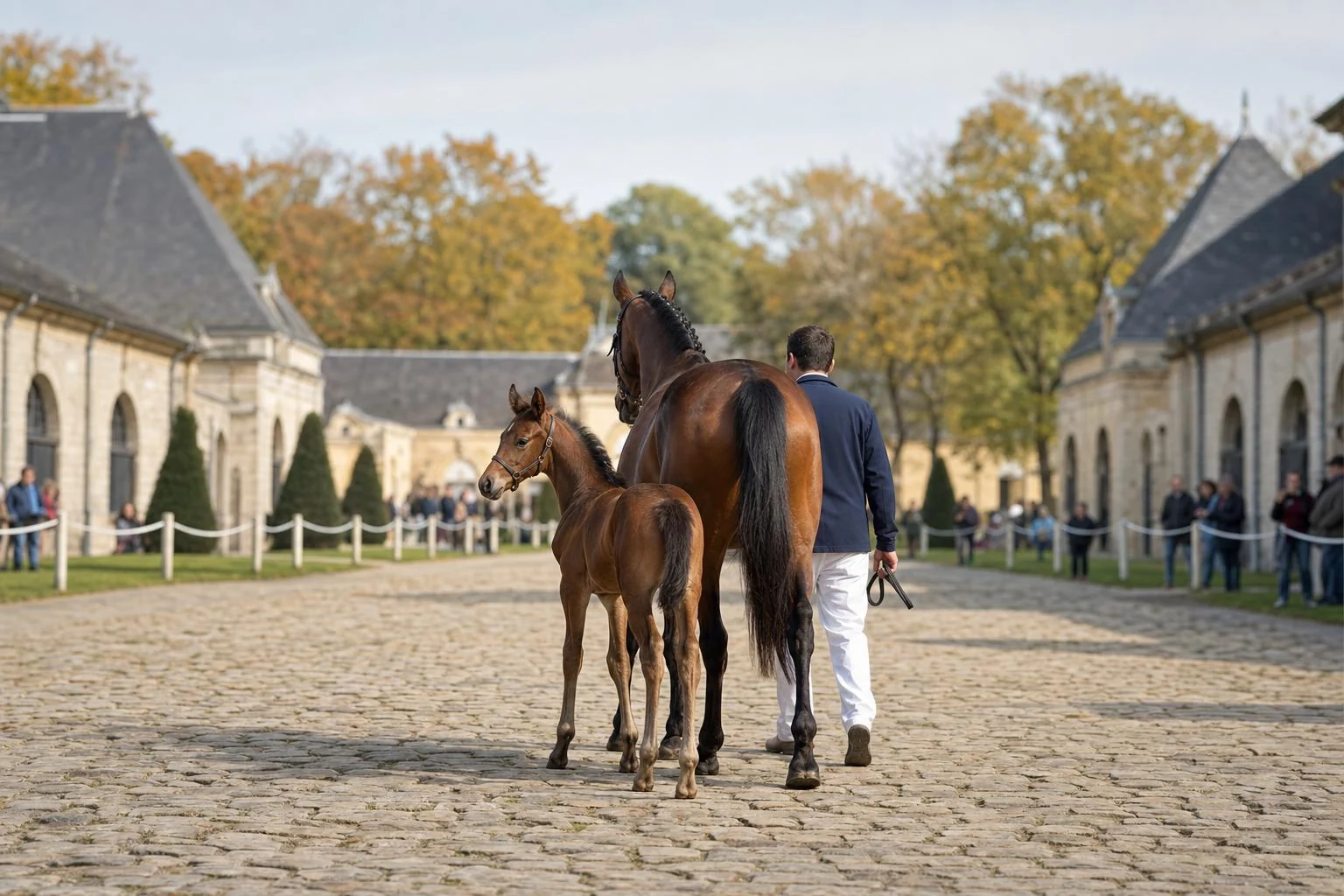 Poulain bai au licol marchant contre le flanc de sa mère menée en main sur les pavés d'une cour de haras