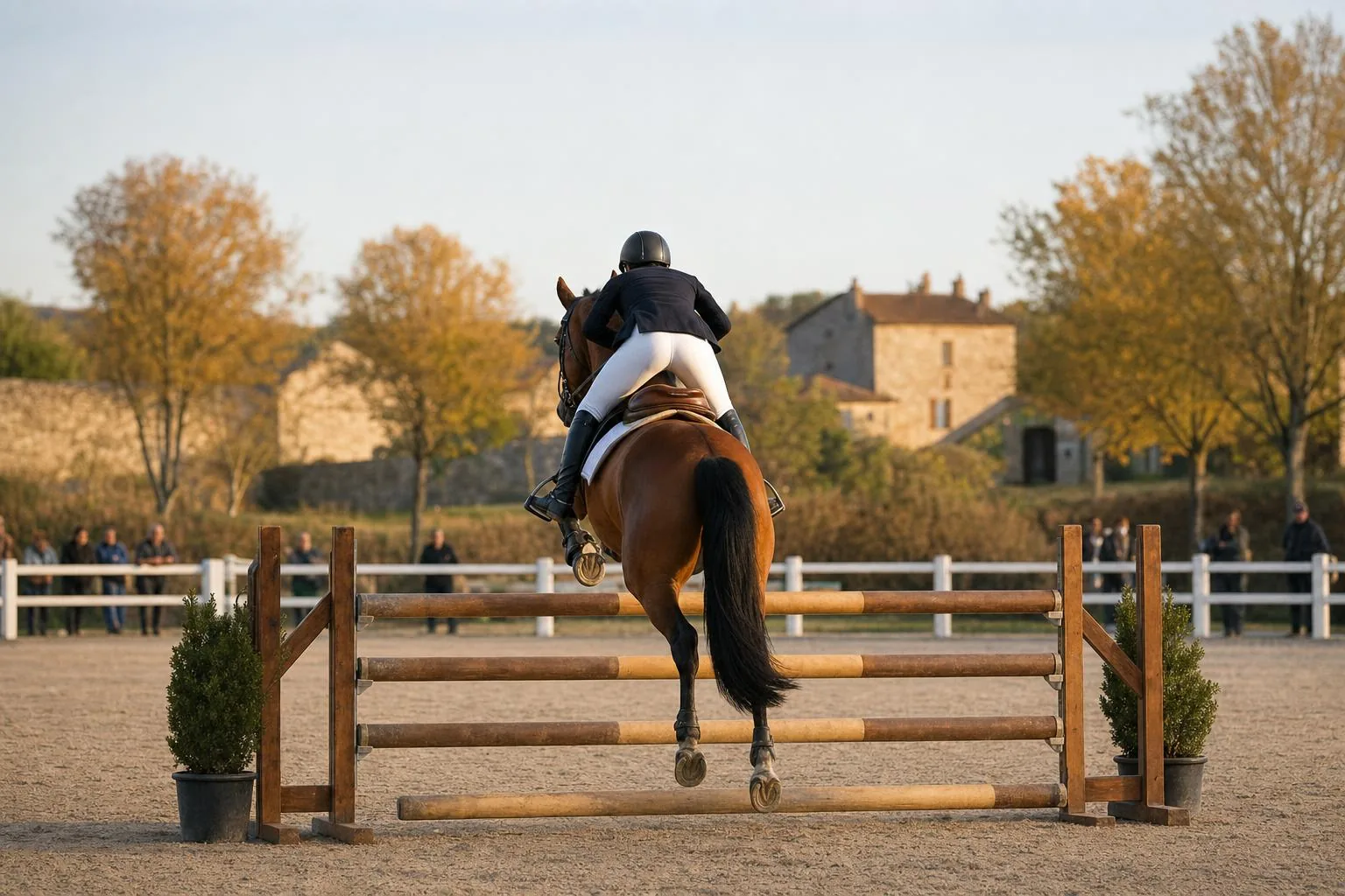 Cheval bai et cavalier casqué vus de dos franchissant un oxer sur une carrière de sable en automne