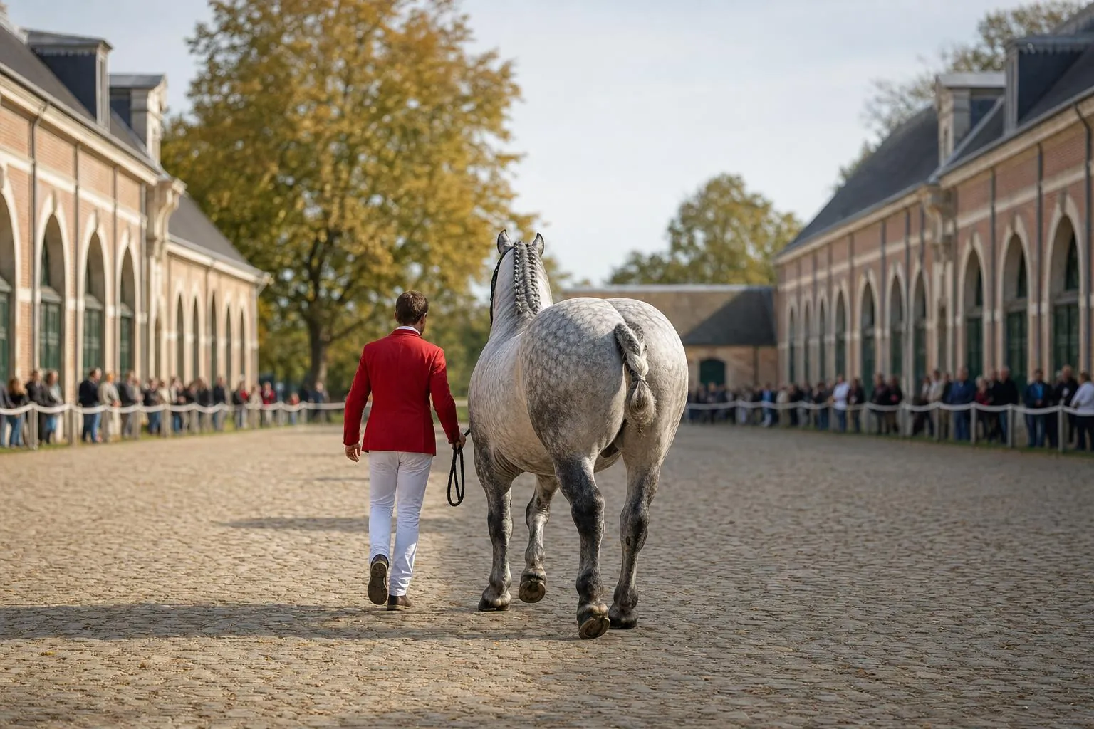 Étalon percheron gris pommelé aux crins tressés trottant en main, meneur de dos en veste rouge, cour pavée d'un haras