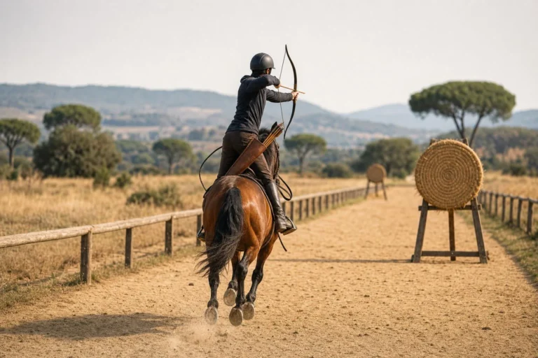 Cavalier-archer vu de dos au galop sur un couloir de sable, arc tendu vers une cible de paille, rênes lâchées, collines