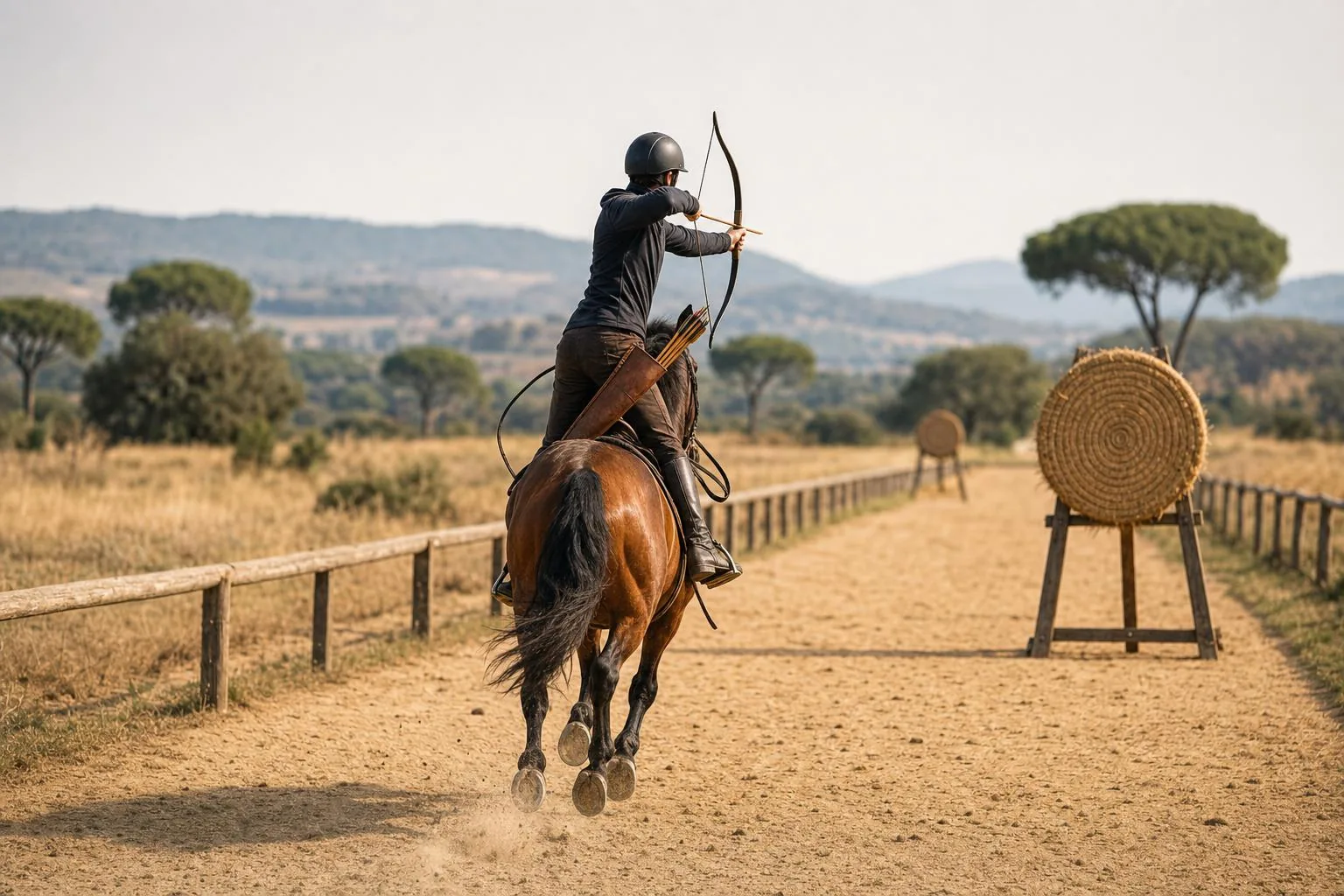 Cavalier-archer vu de dos au galop sur un couloir de sable, arc tendu vers une cible de paille, rênes lâchées, collines