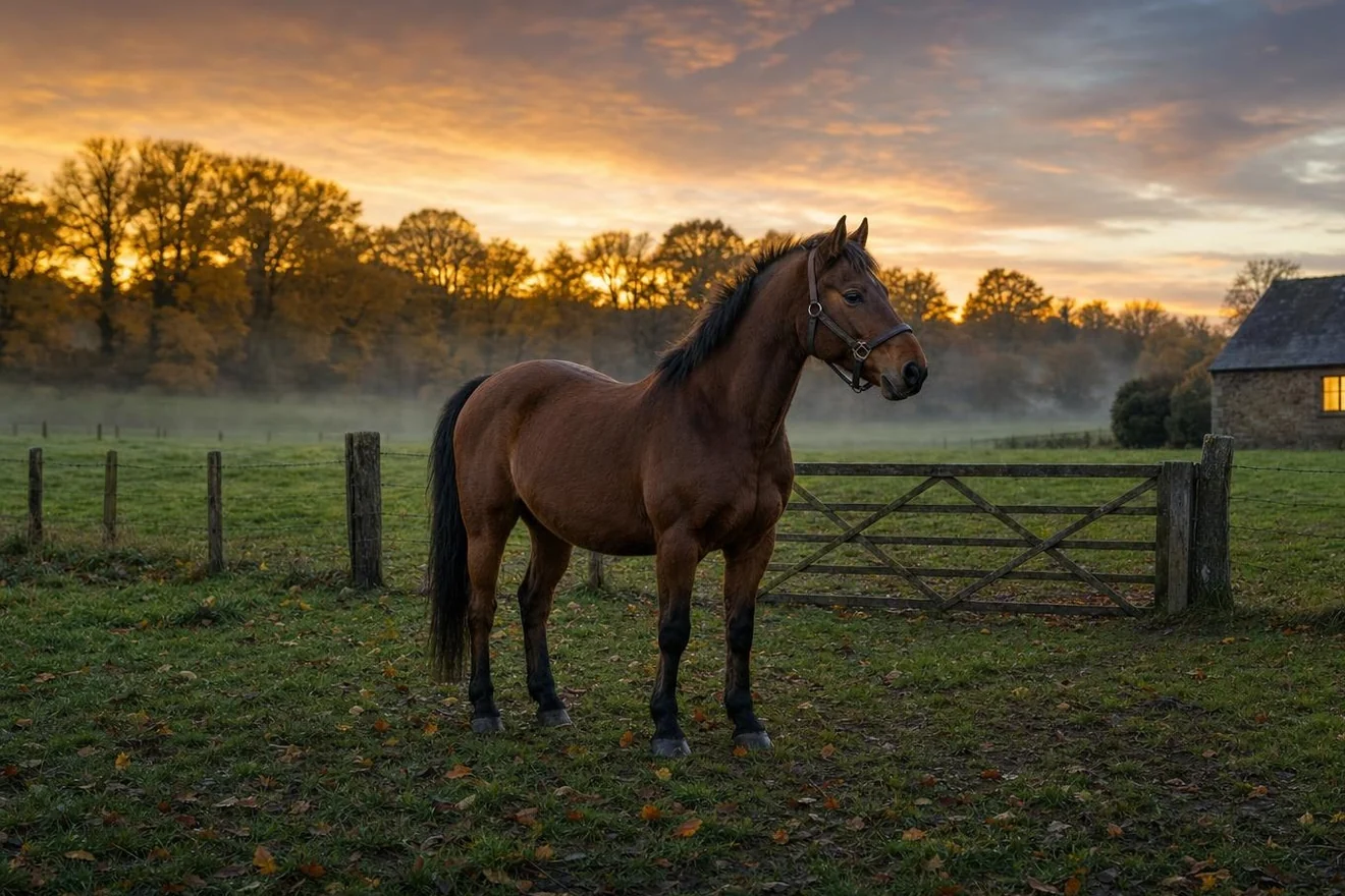 Cheval bai au poil d'hiver devant la barrière en bois d'un pré au crépuscule d'automne, brume et écurie éclairée