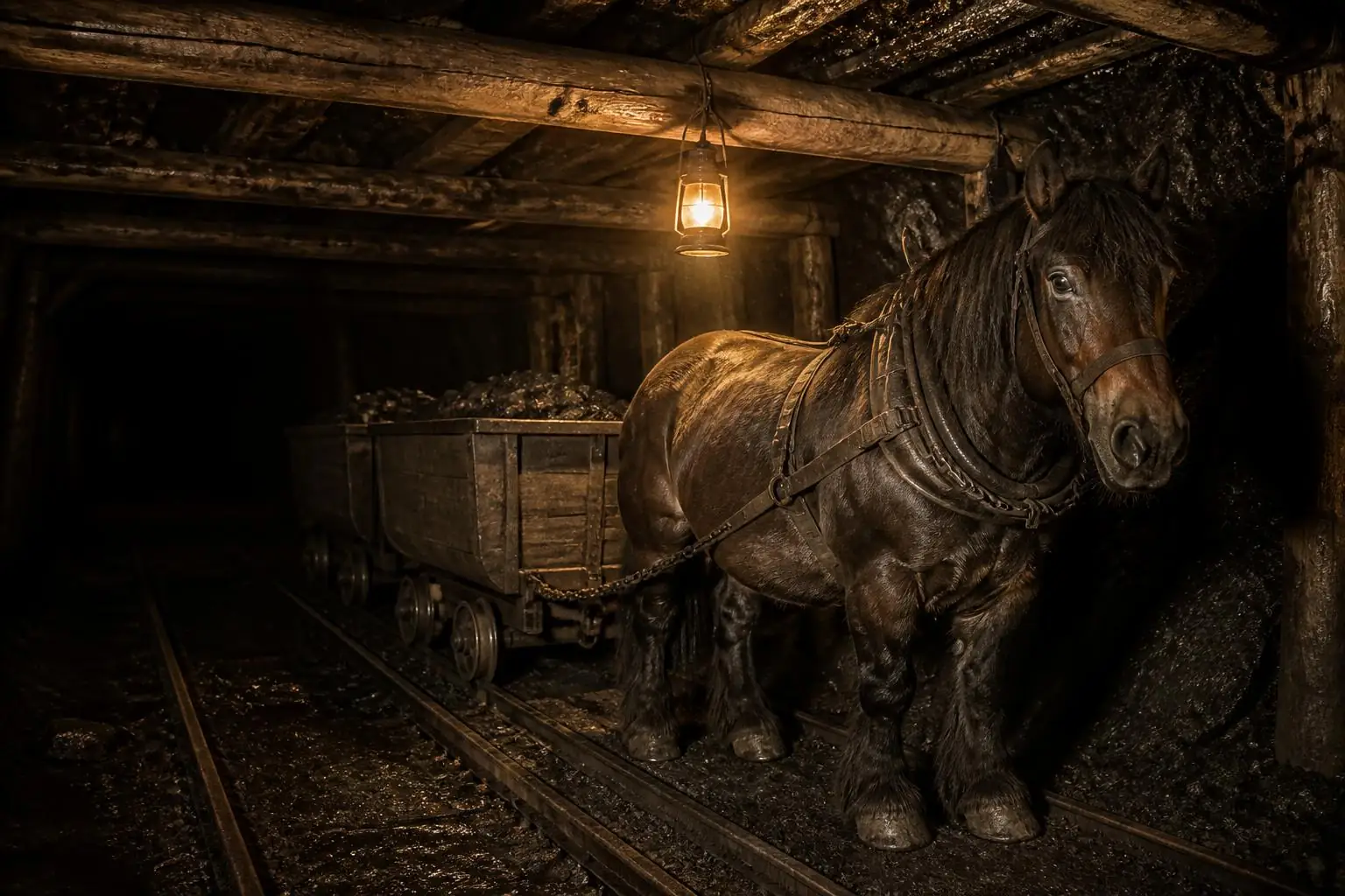 Cheval de trait attele a des berlines chargees de charbon sur rails dans une galerie de mine eclairee par une lampe de mineur