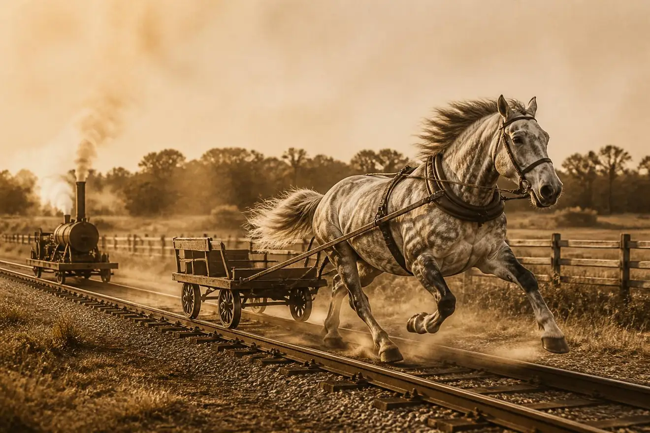 Cheval gris attele a un wagon lance au trot sur les premiers rails, a hauteur d'une petite locomotive a vapeur, ambiance sepia 1830