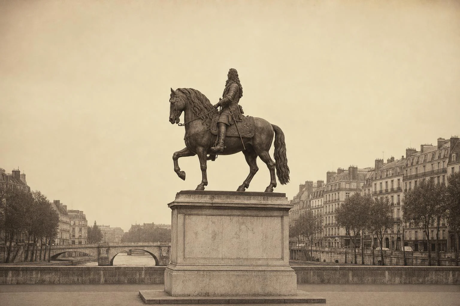 Photo sépia d'une statue équestre en bronze sur son piédestal de pierre, au milieu d'un pont de Paris au-dessus de la Seine