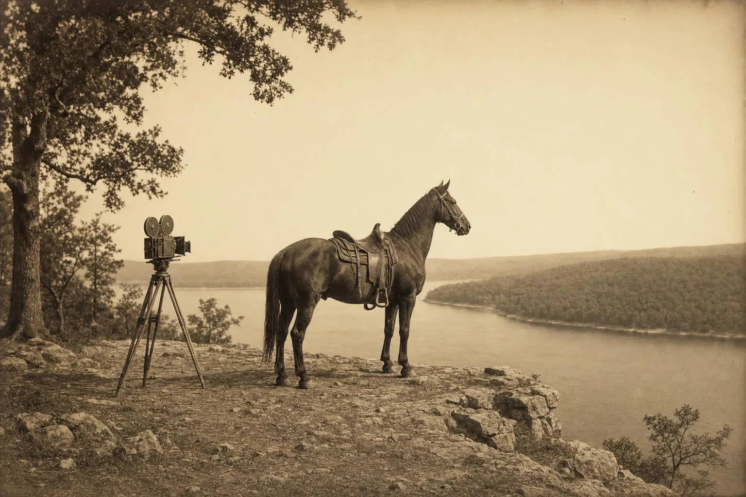 Photo sépia d'un cheval sellé sans cavalier au bord d'une falaise dominant un lac, une caméra ancienne sur trépied