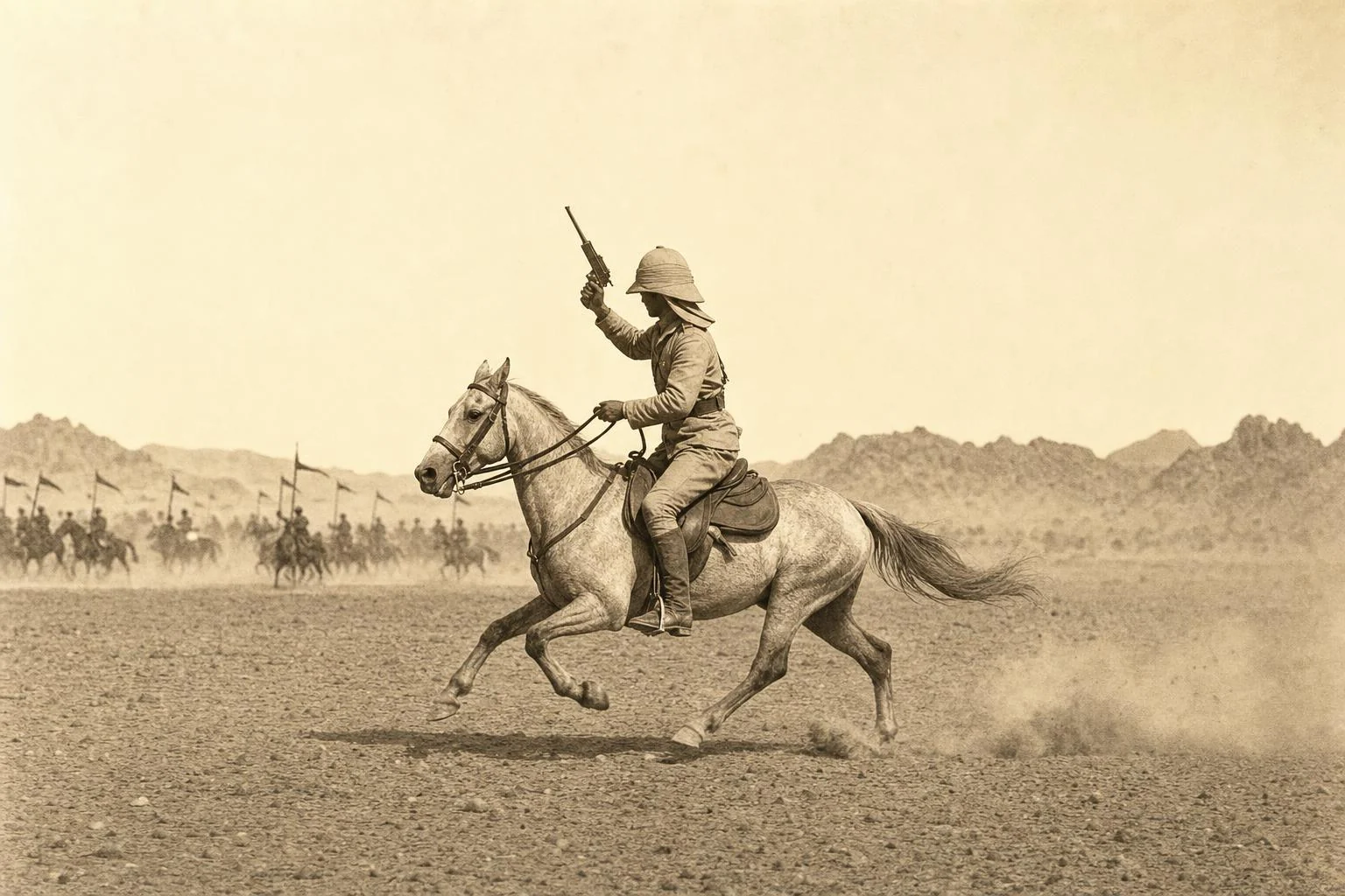 Un officier de cavalerie en casque colonial galope sur un poney arabe gris dans le désert, pistolet levé, photo sépia