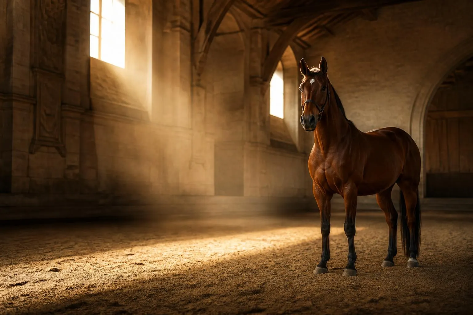 Cheval bai seul sur le sable ratissé d'un ancien manège en pierre, large rayon de lumière dorée tombant d'une haute fenêtre