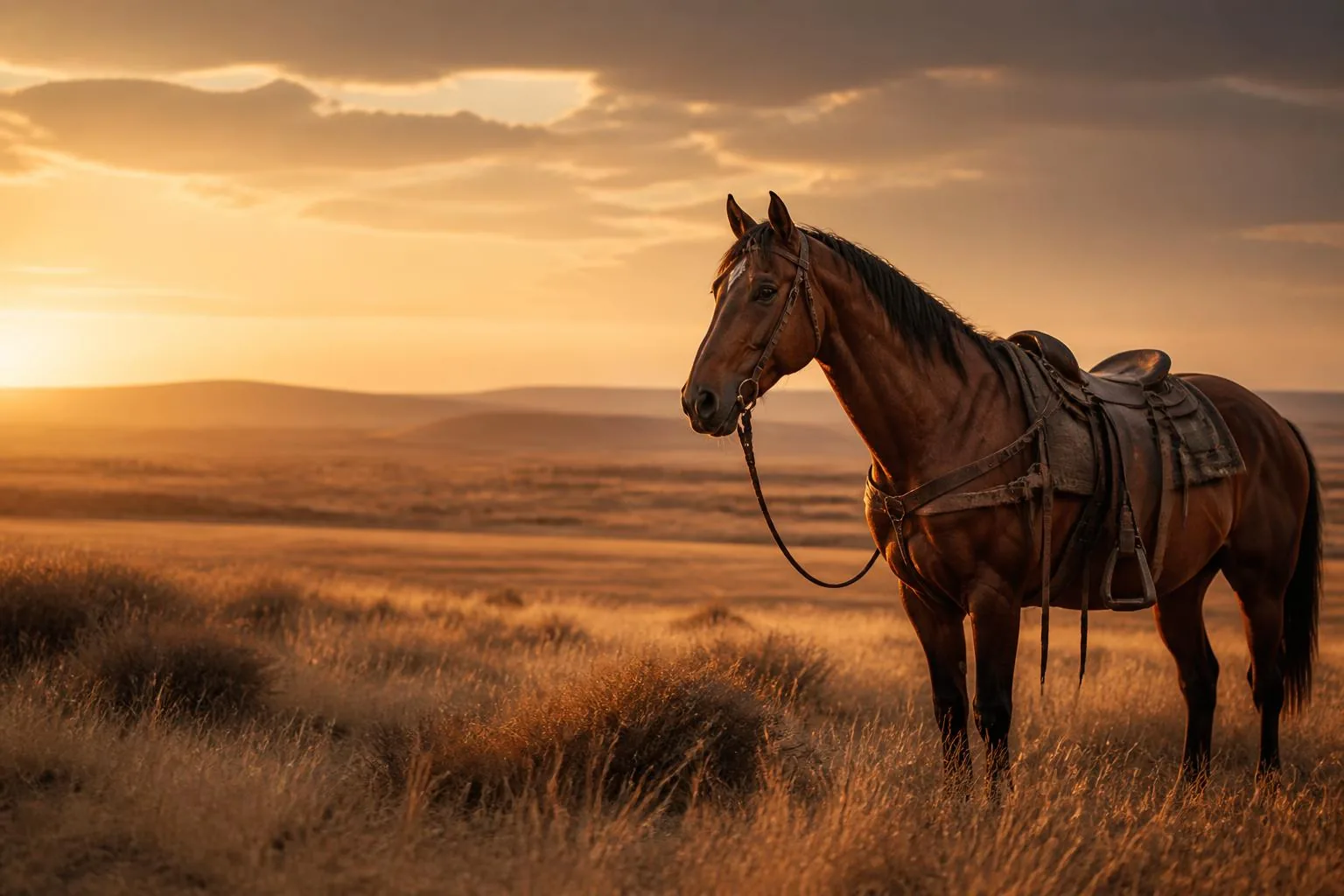 Bay cavalry horse standing alone on western plains at dusk, evoking a battle survivor
