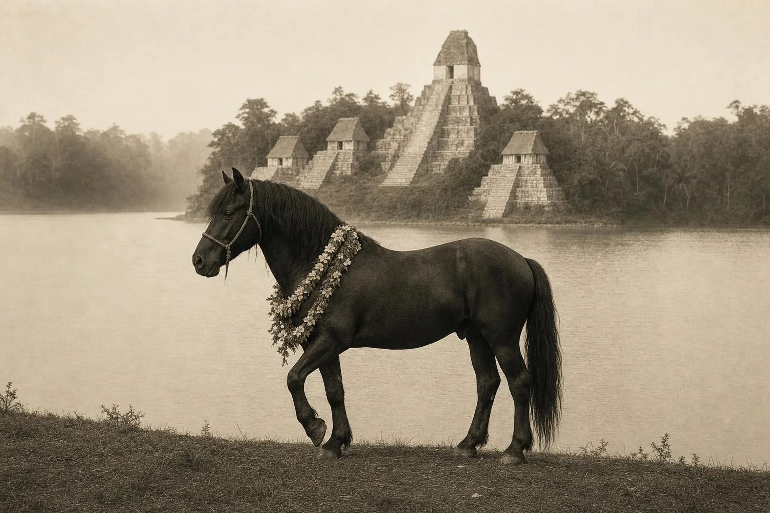 Cheval noir paré de colliers de fleurs, un antérieur levé, au bord d'un lac face à des temples mayas, sépia