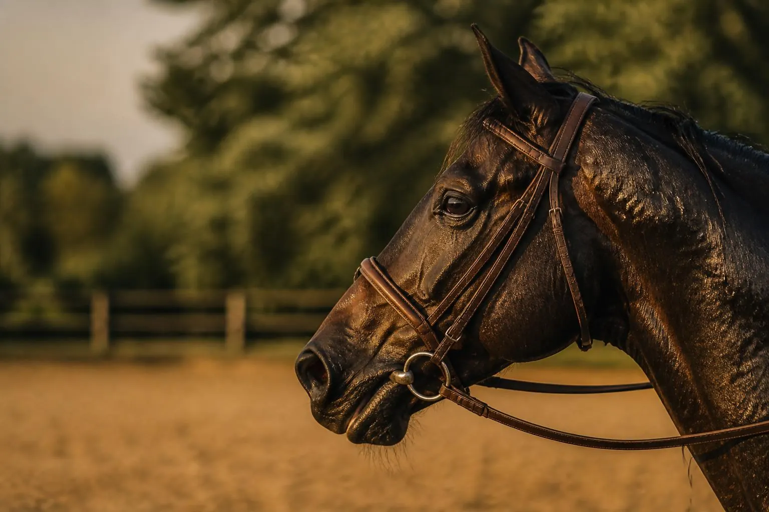 Tête et encolure d'un cheval bai trempées de sueur, à l'arrêt dans une carrière en fin de journée