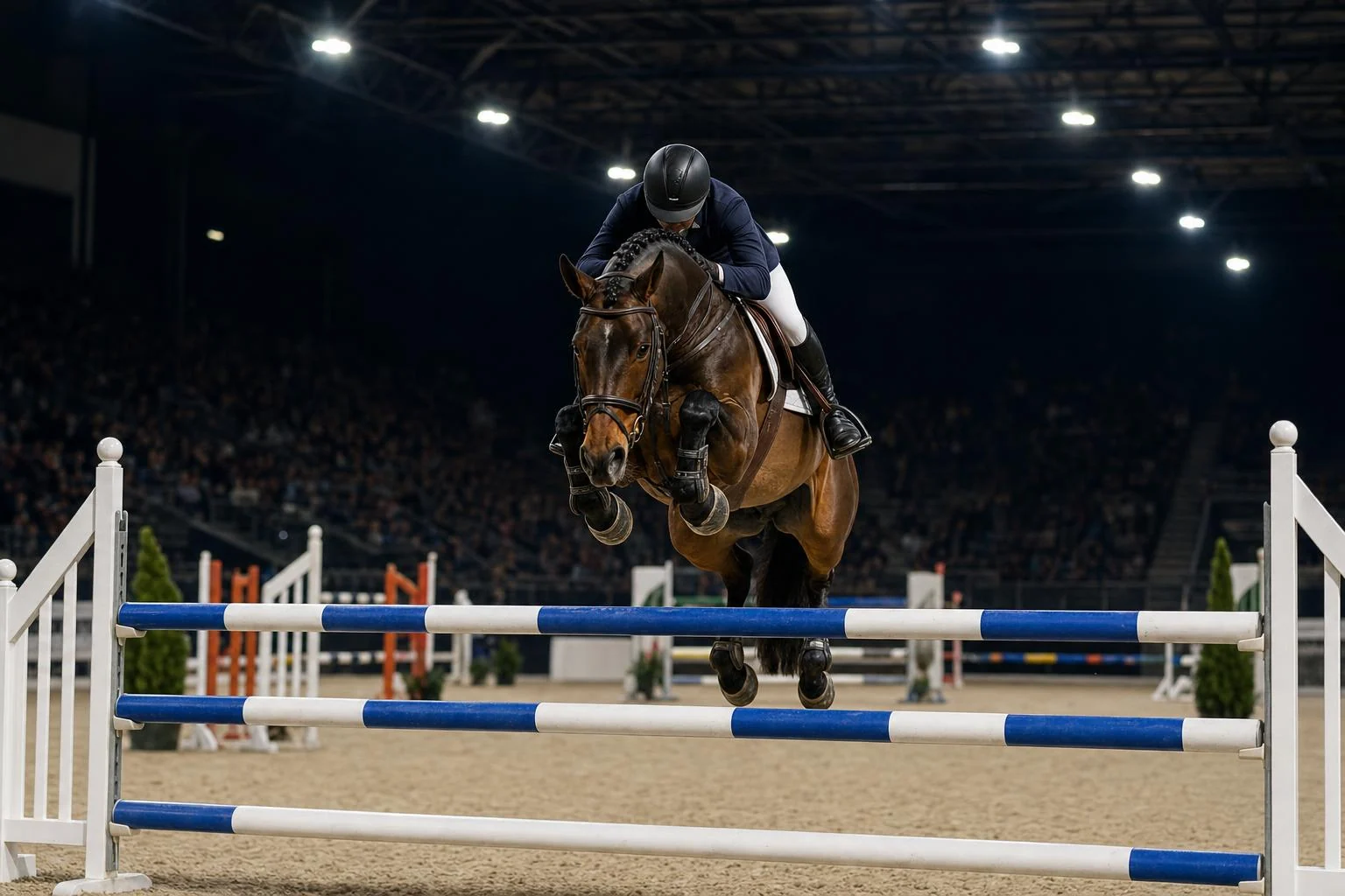 Cheval bai en plein saut au-dessus d'un vertical bleu et blanc, sous les projecteurs d'une arène couverte