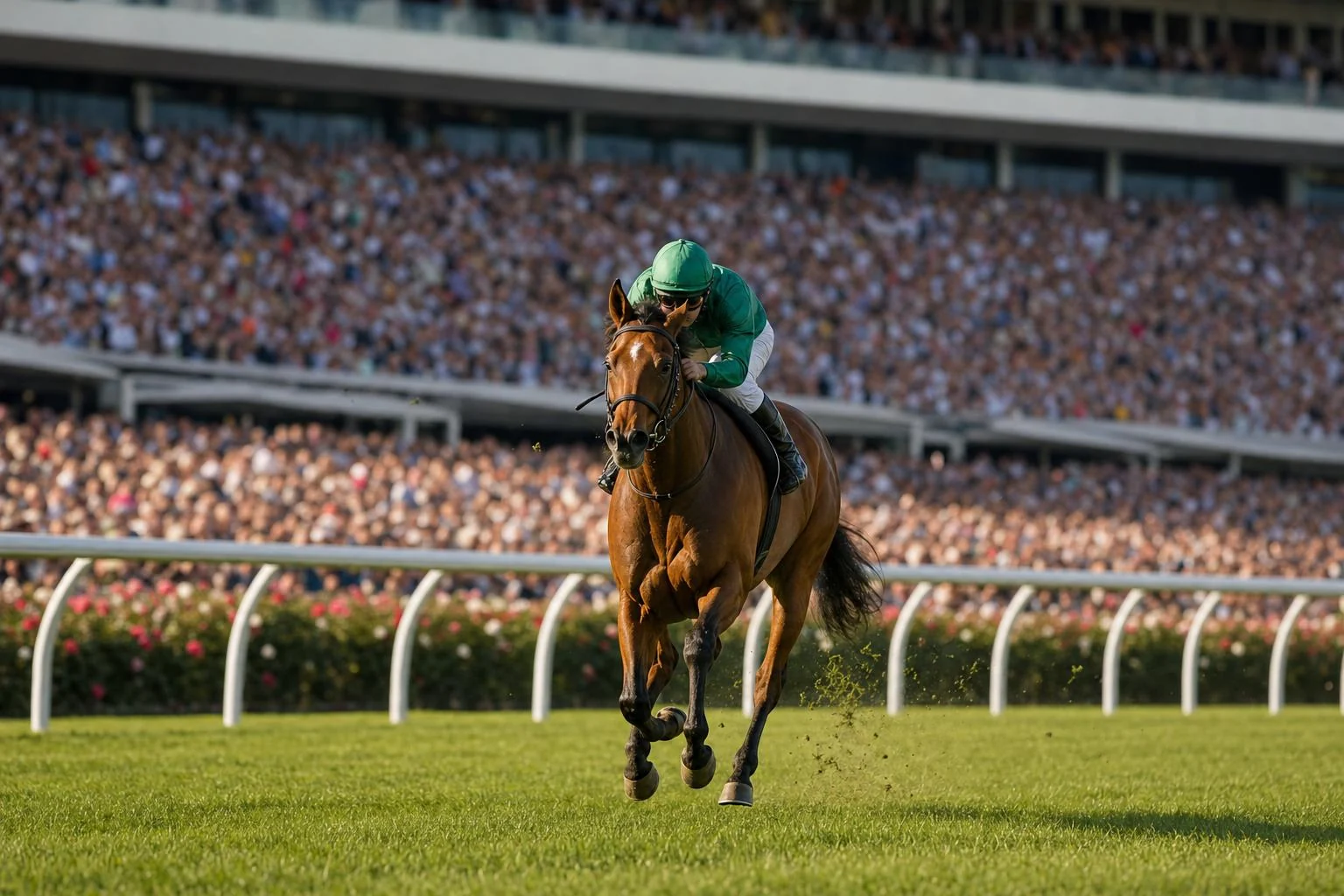 Pur-sang bai au galop sur le gazon, jockey en casaque verte et blanche, devant une immense tribune comble