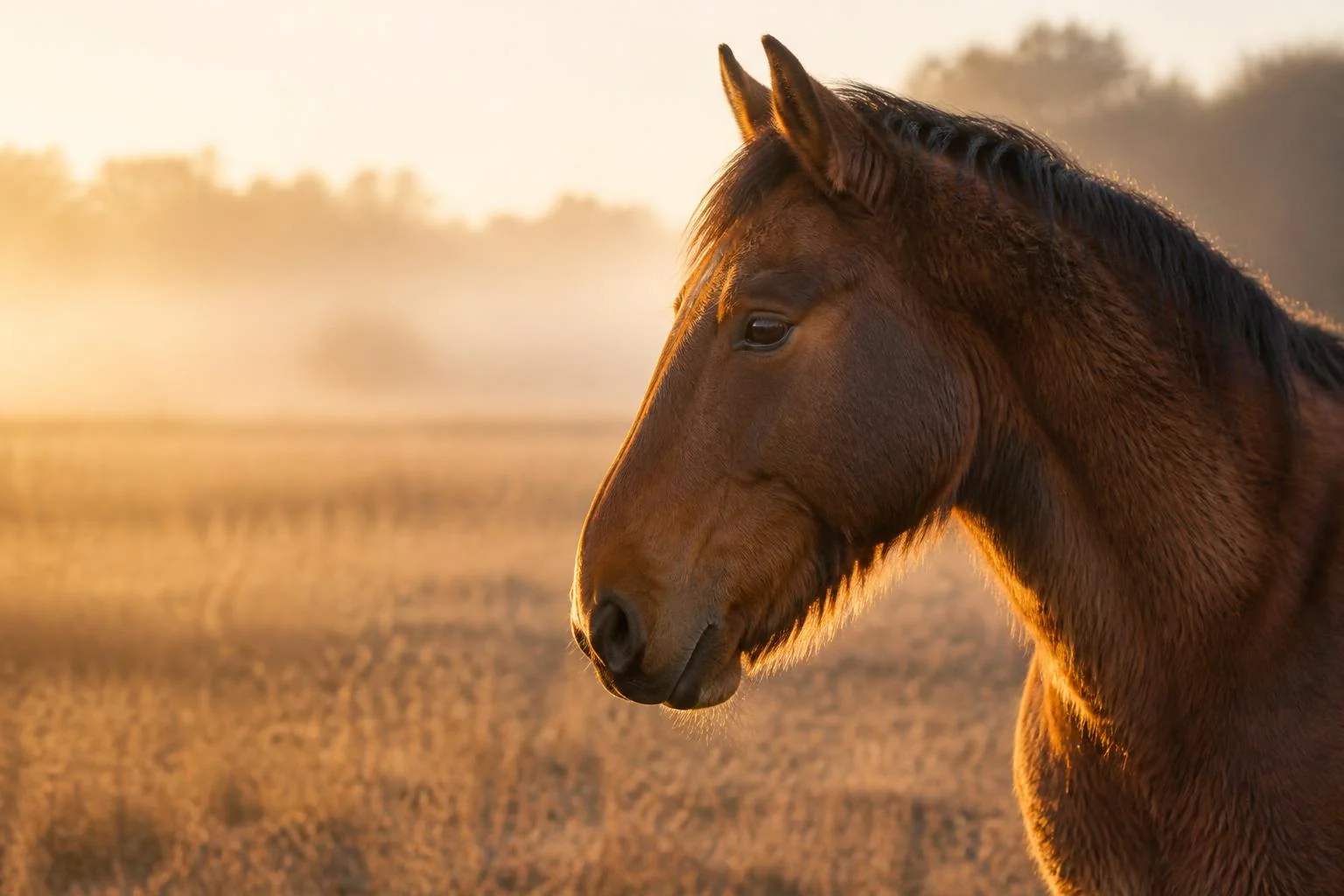 Senior horse in field showing early signs of Cushing's disease
