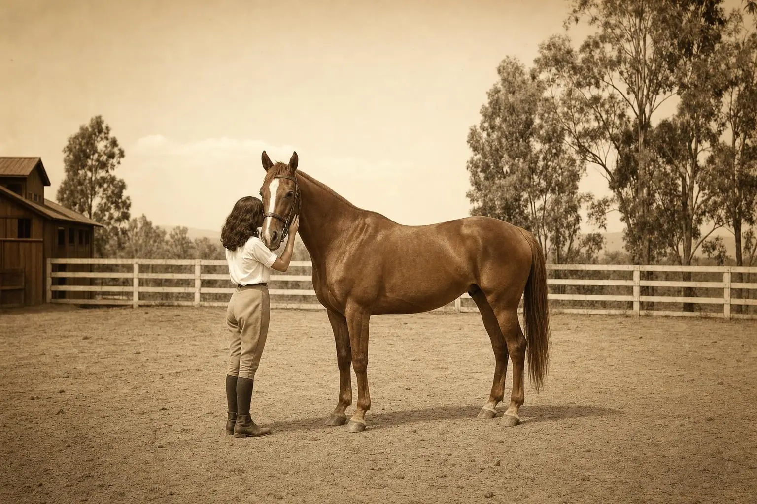 Une fillette en culotte de cheval des années 1940, vue de dos, pose la joue contre un pur-sang alezan dans une cour, sépia
