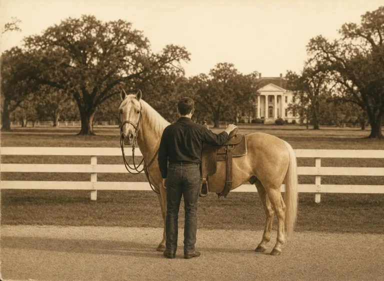 Photographie sépia d'un cheval palomino sellé en western, un homme de dos, devant une demeure à colonnes