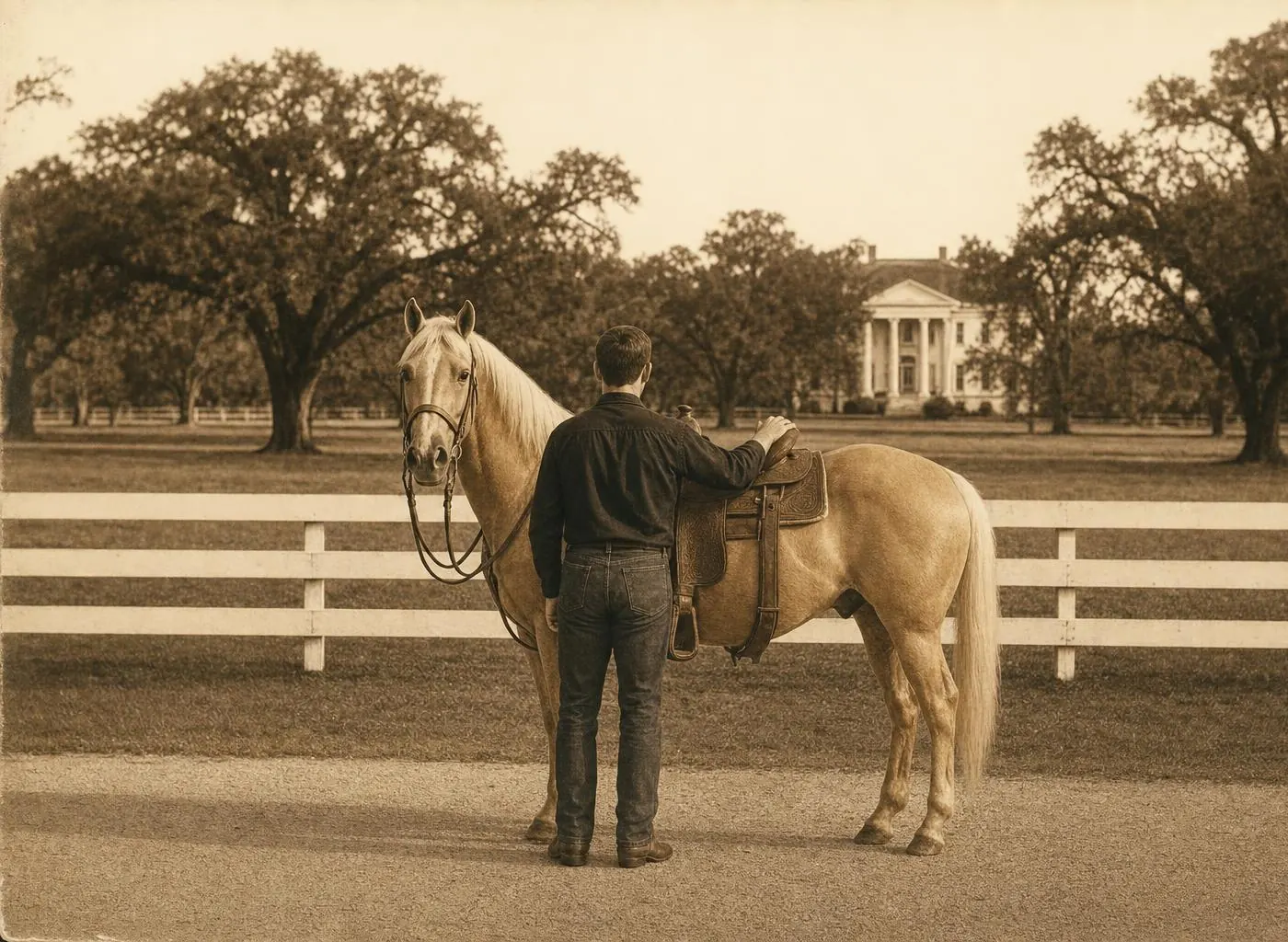 Photographie sépia d'un cheval palomino sellé en western, un homme de dos, devant une demeure à colonnes