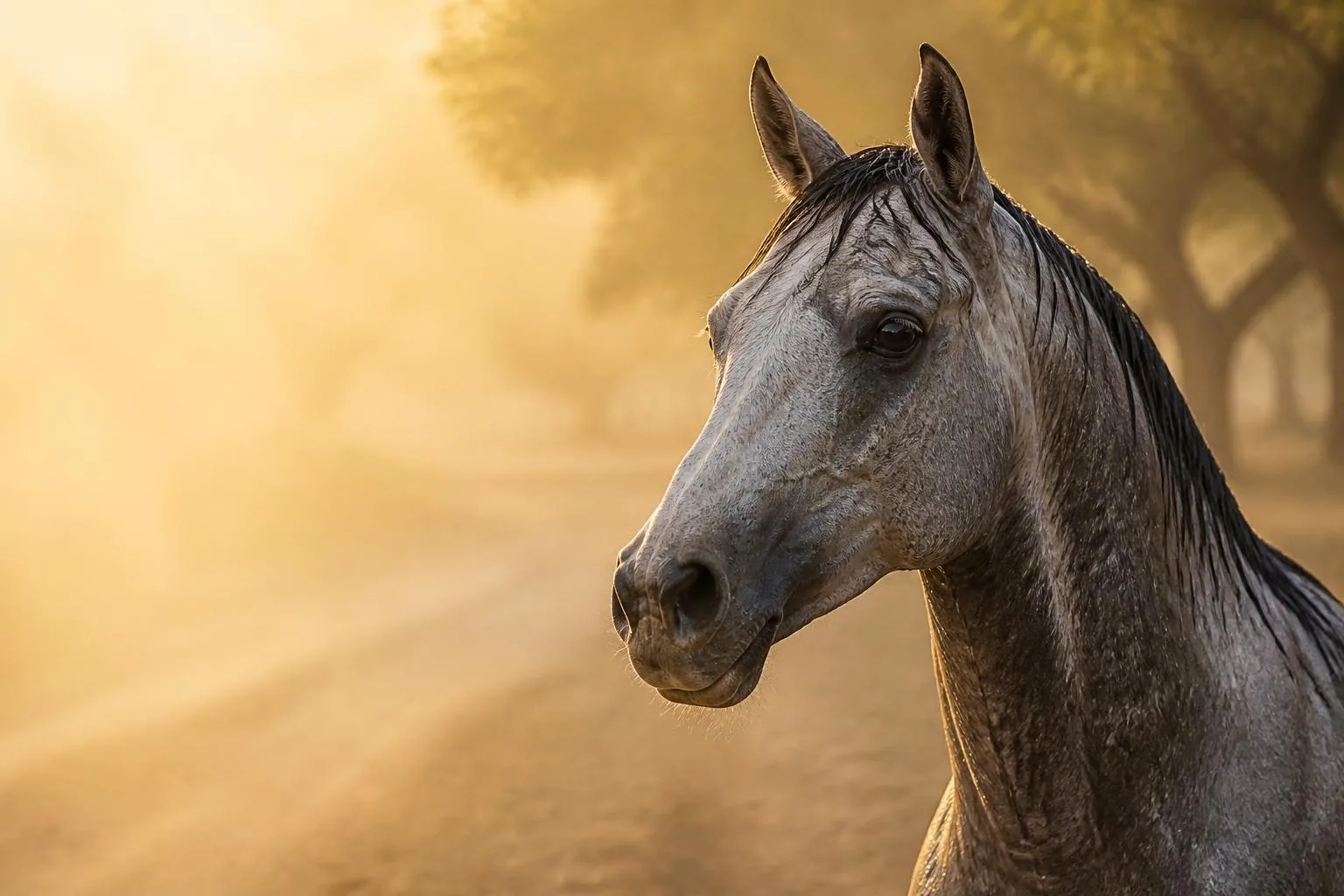 Tête et encolure d'un cheval gris arabe trempé de sueur sur une piste sablonneuse au lever du jour