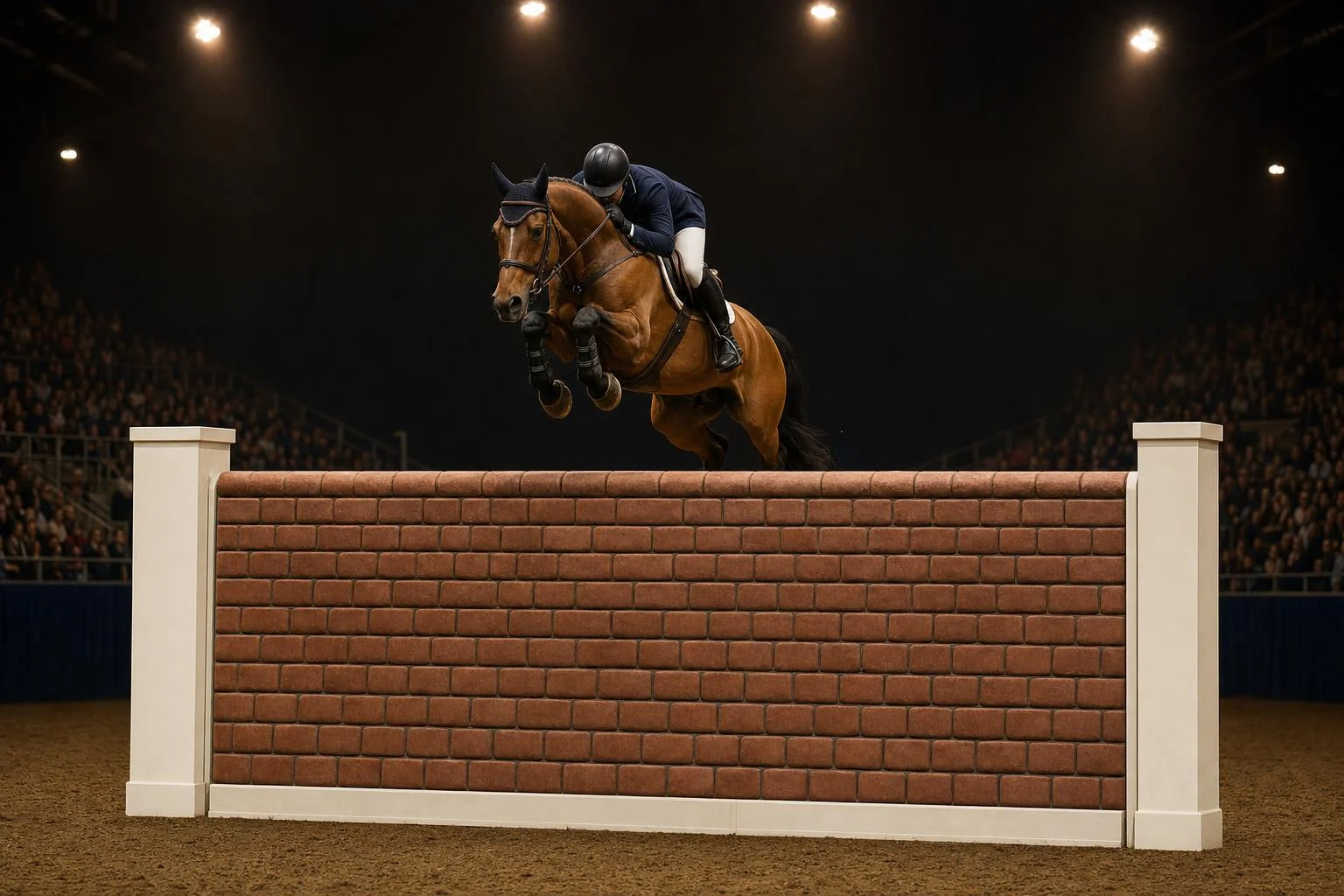 Cheval bai et cavalier en plein saut au-dessus d'un haut mur de briques rouges, dans une arène couverte éclairée la nuit