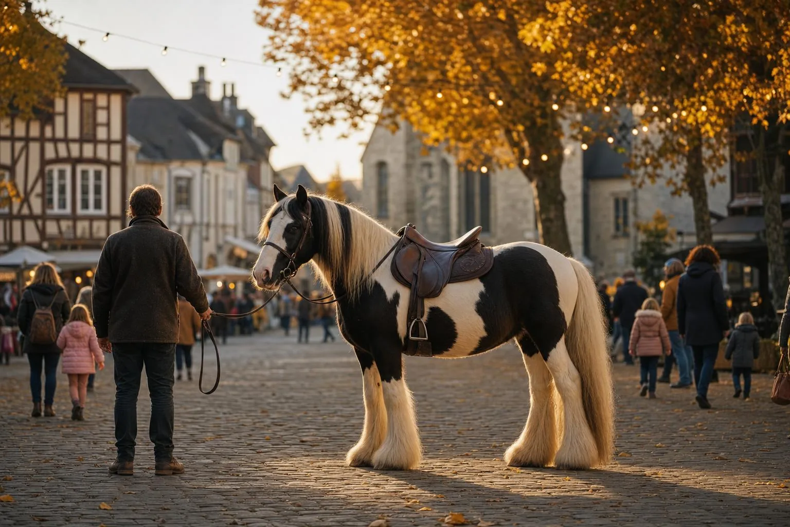 Cheval Irish cob pie noir et blanc, sellé et tenu en longe, sur une place pavée de Normandie sous les arbres d'automne
