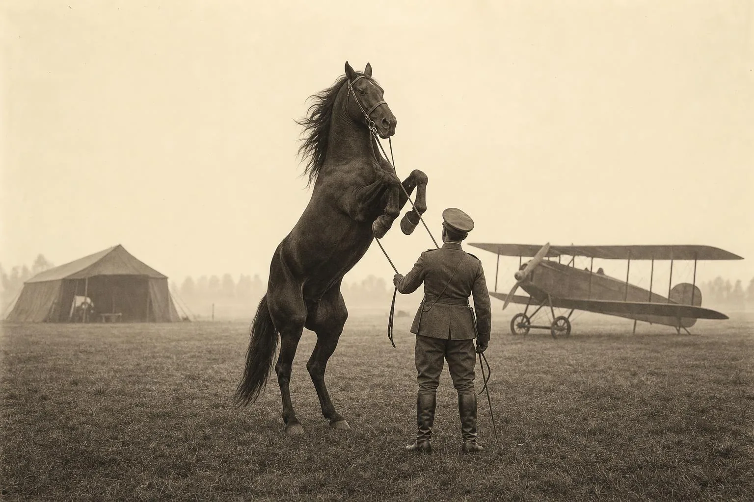 Cheval noir cabré, tenu à la longe par un officier de cavalerie vu de dos, devant un biplan de 1917, sépia