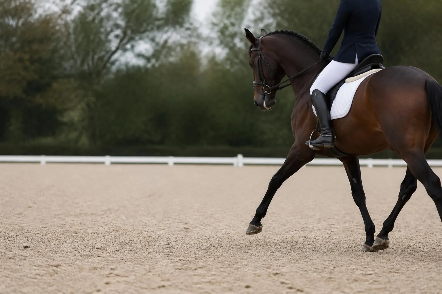 Jeune cheval bai foncé au trot dans une carrière de sable, monté en filet simple, cavalier vu de dos