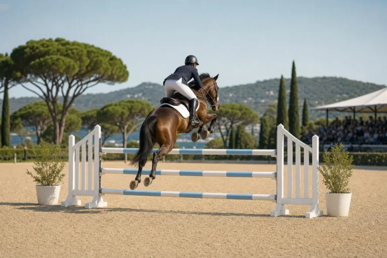 Cheval bai en plein saut au-dessus d'un large oxer blanc et bleu, cavalier vu de dos, pins parasols et collines derrière