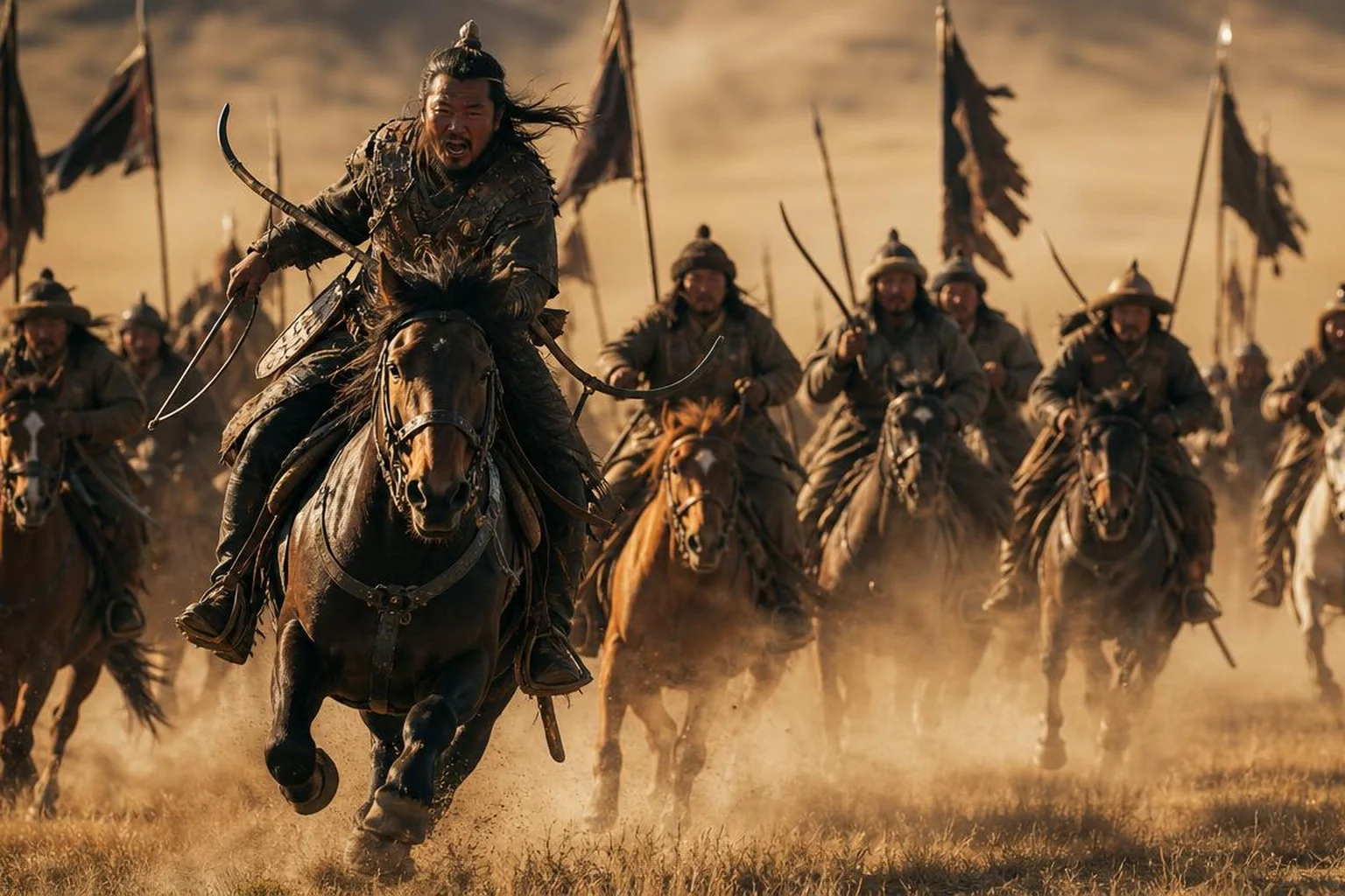 Ancient illustration of a Mongol warrior on horseback during a hunt