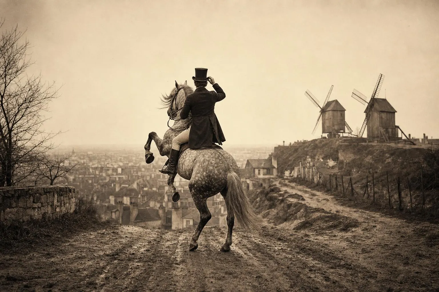 Cavalier en redingote et haut-de-forme, vu de dos, sur un cheval gris pommelé cabré, chemin boueux, deux moulins, sépia